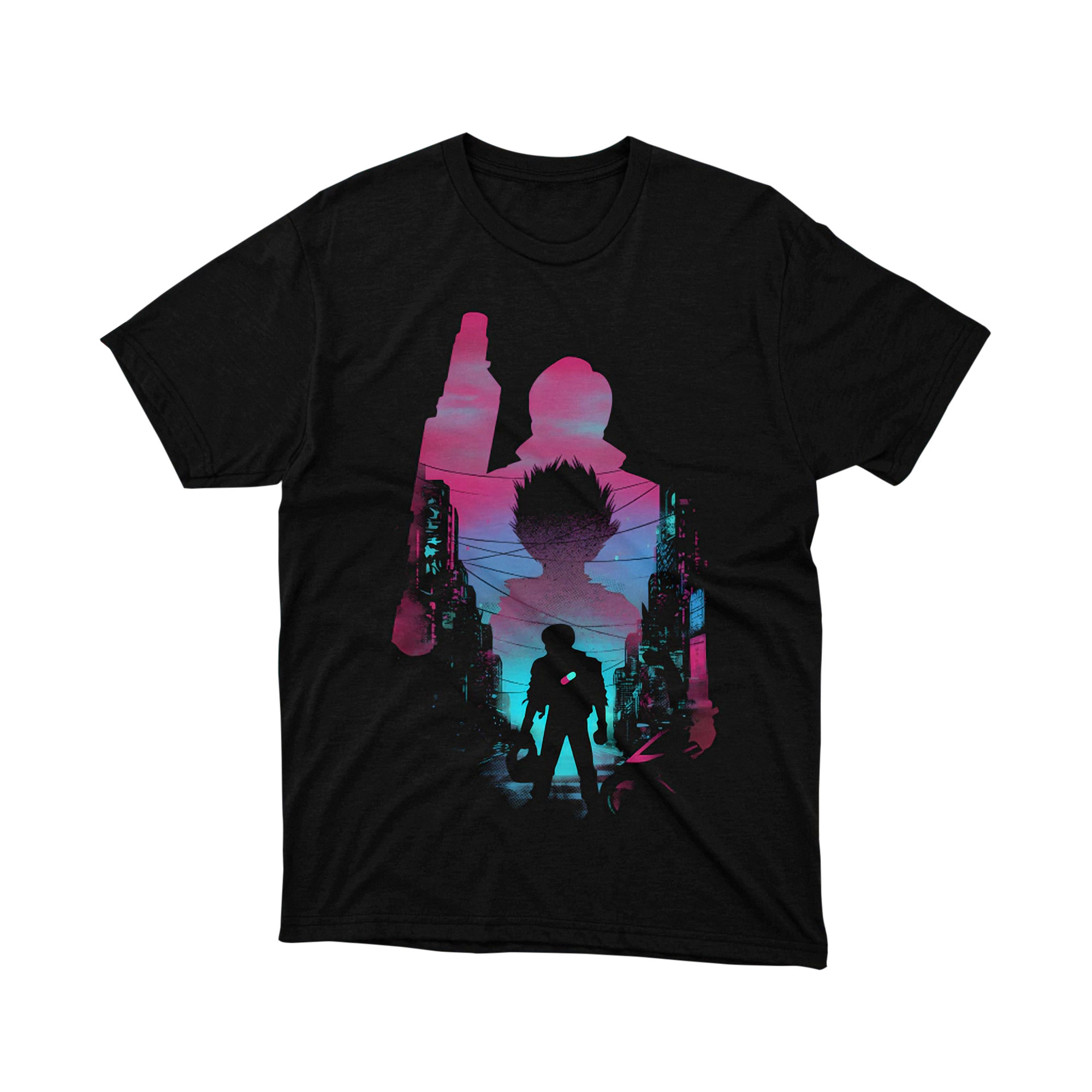 Akira Vaporwave City Silhouette T-Shirt, Japanese Anime Cyberpunk Neon Night Graphic Retro Art Tee