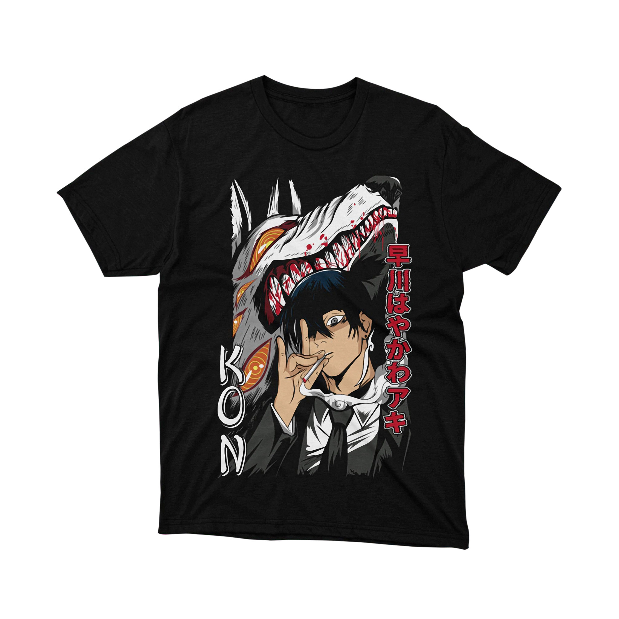 Chainsaw Man Aki Kon Fox Devil Anime T Shirt Dark Wolf Head Manga Design