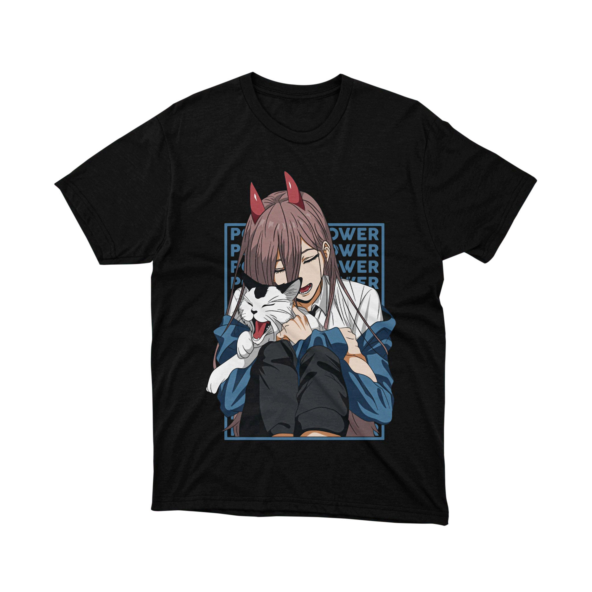 Chainsaw Man Power Cat Devil Anime T Shirt Girl with White Cat Manga Art