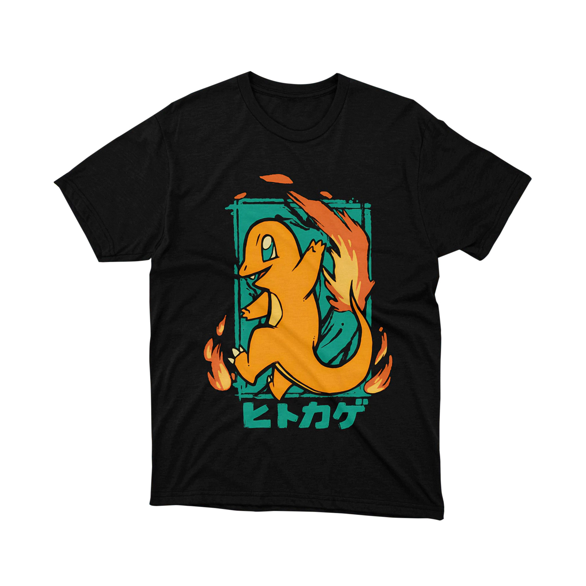 Charmander Fire Tail Jump Orange Blue Frame Japanese Text T Shirt