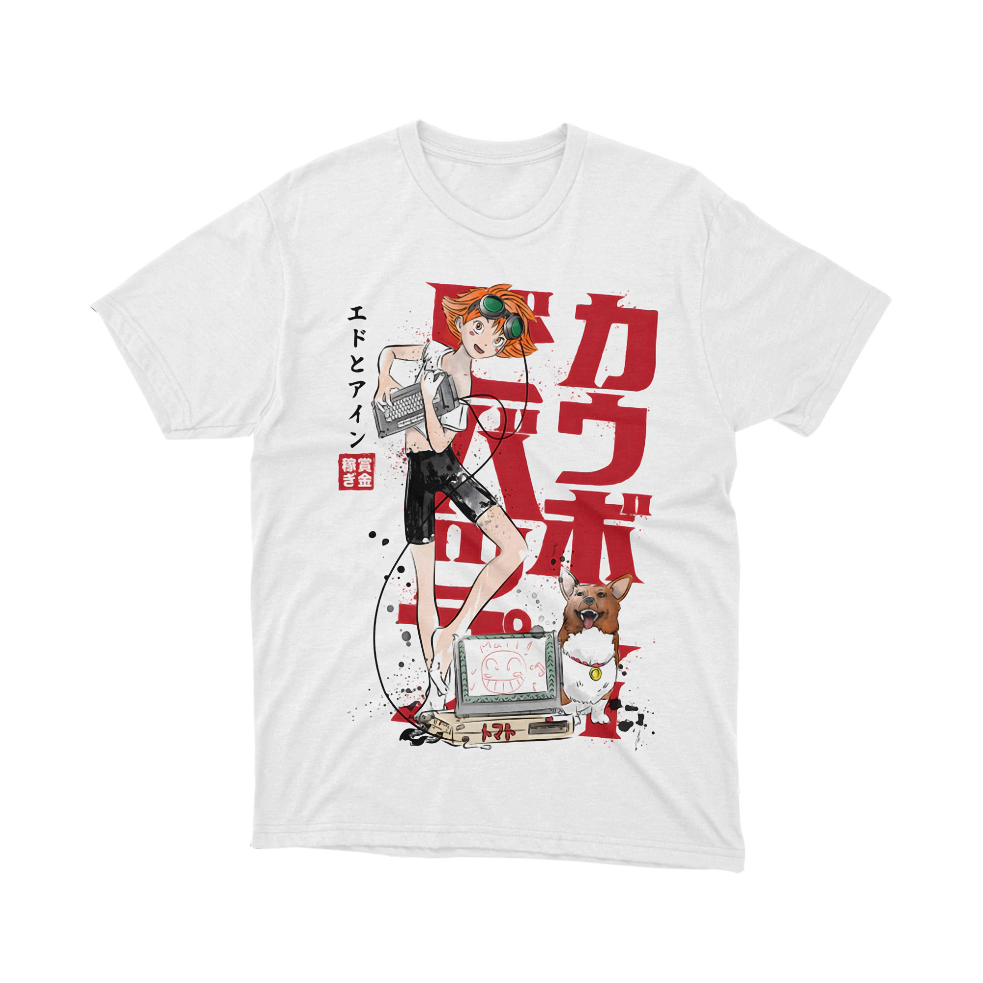 Cowboy Bebop Ed and Ein Japanese Logo Anime T Shirt White Hacker Dog Print