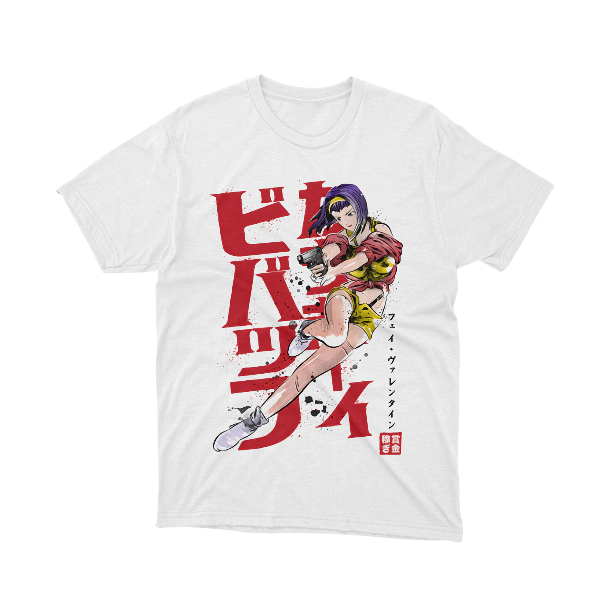Cowboy Bebop Faye Valentine Japanese Logo Anime T Shirt Pink Yellow Gun Art