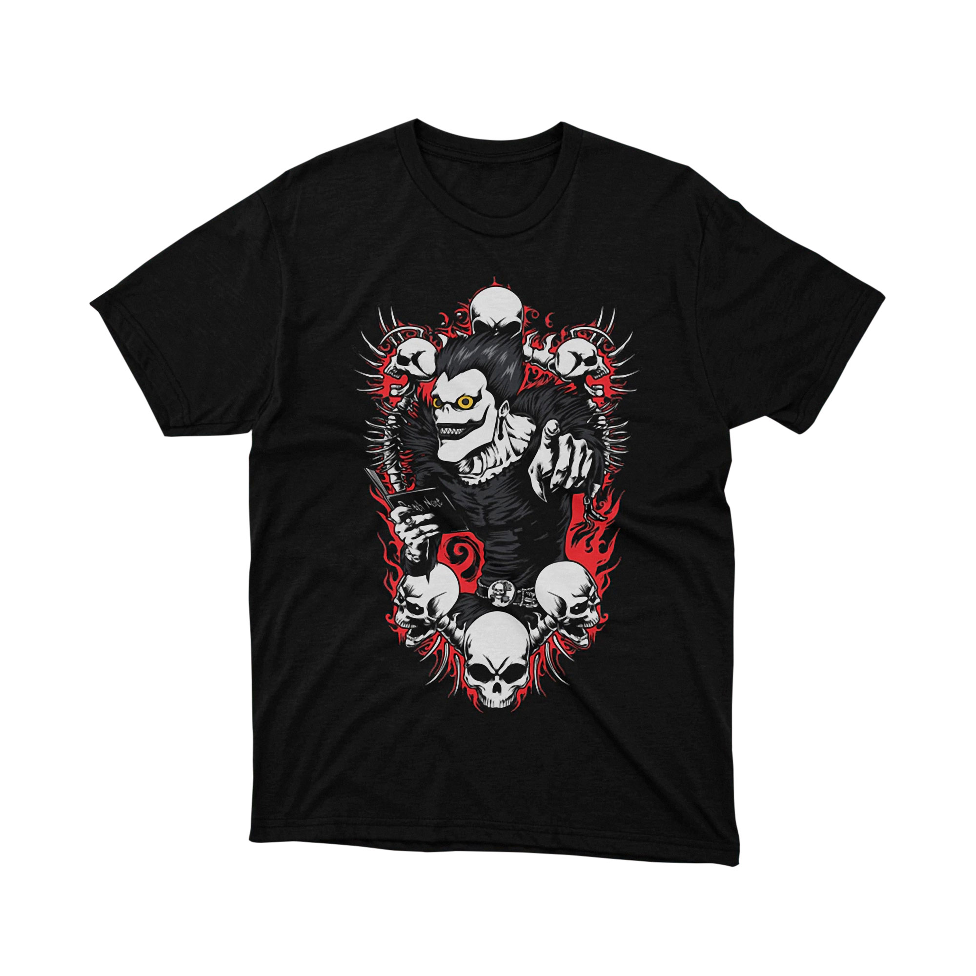 Death Note Ryuk Shinigami Surrounded by Skulls Red Flames T Shirt