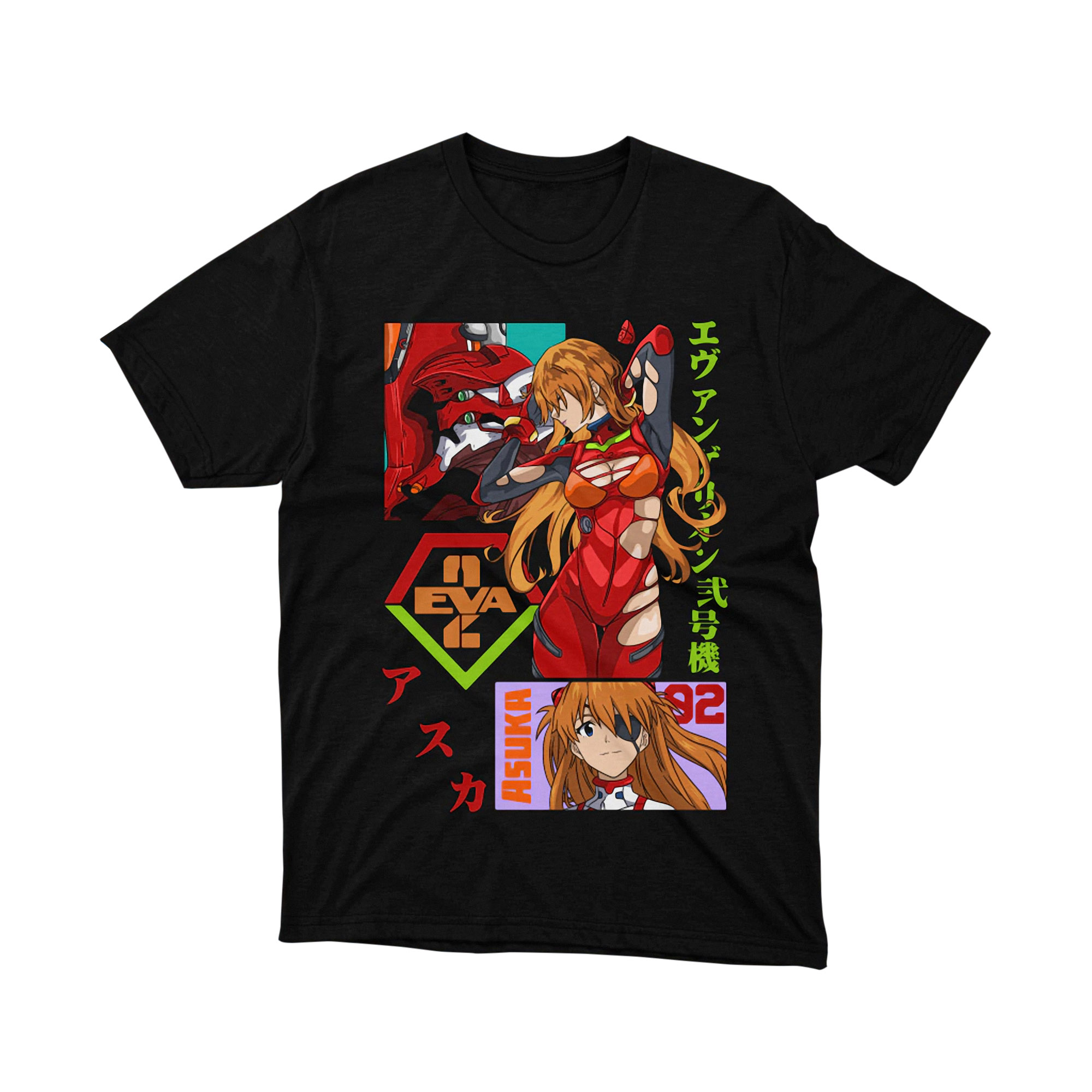 Evangelion Asuka Langley and Eva Unit 02 Anime Art Graphic T Shirt Otaku Tee
