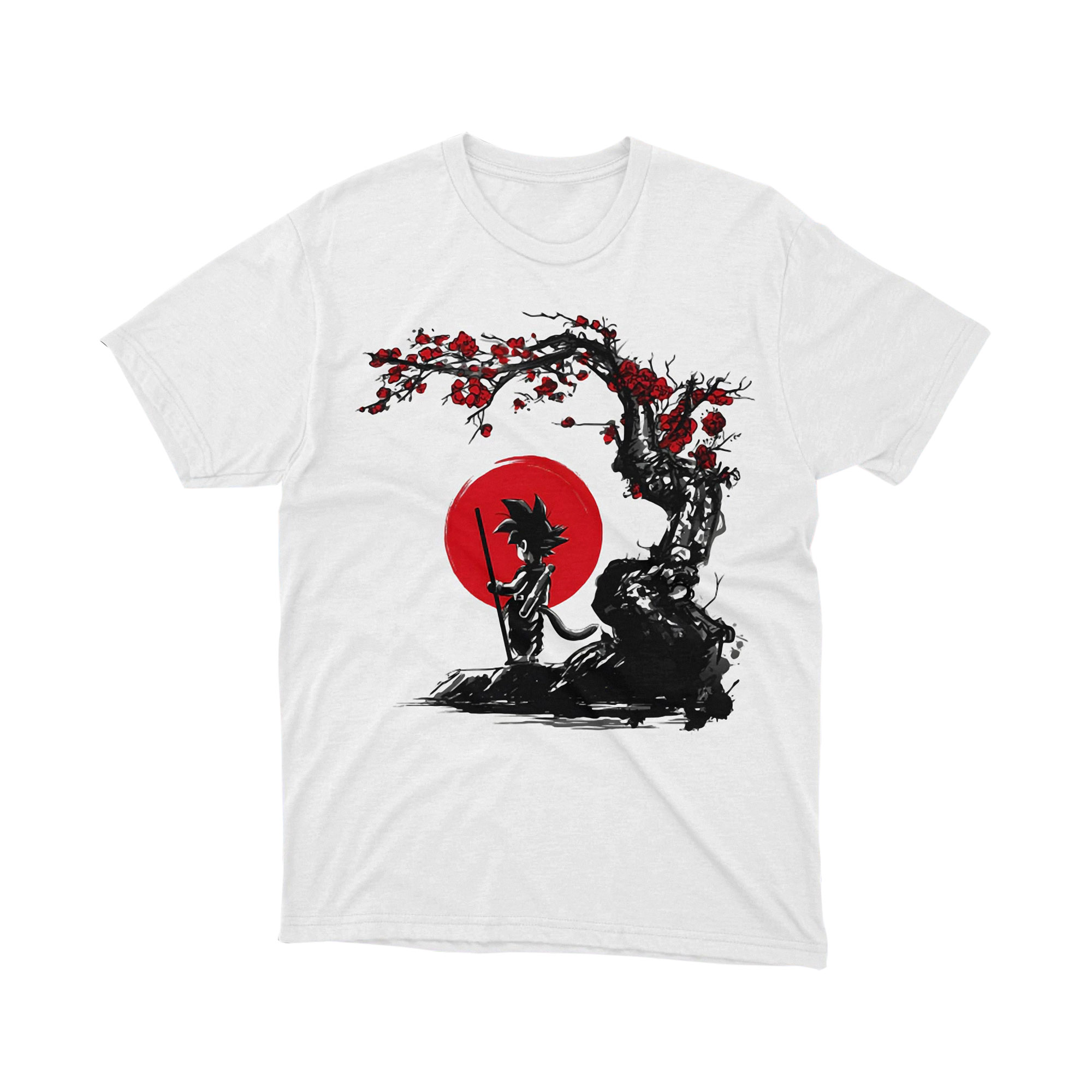 Japanese Art Style Goku Shirt Anime Samurai Tree Design Graphic Tee Red Sun Shirt for Men and Women