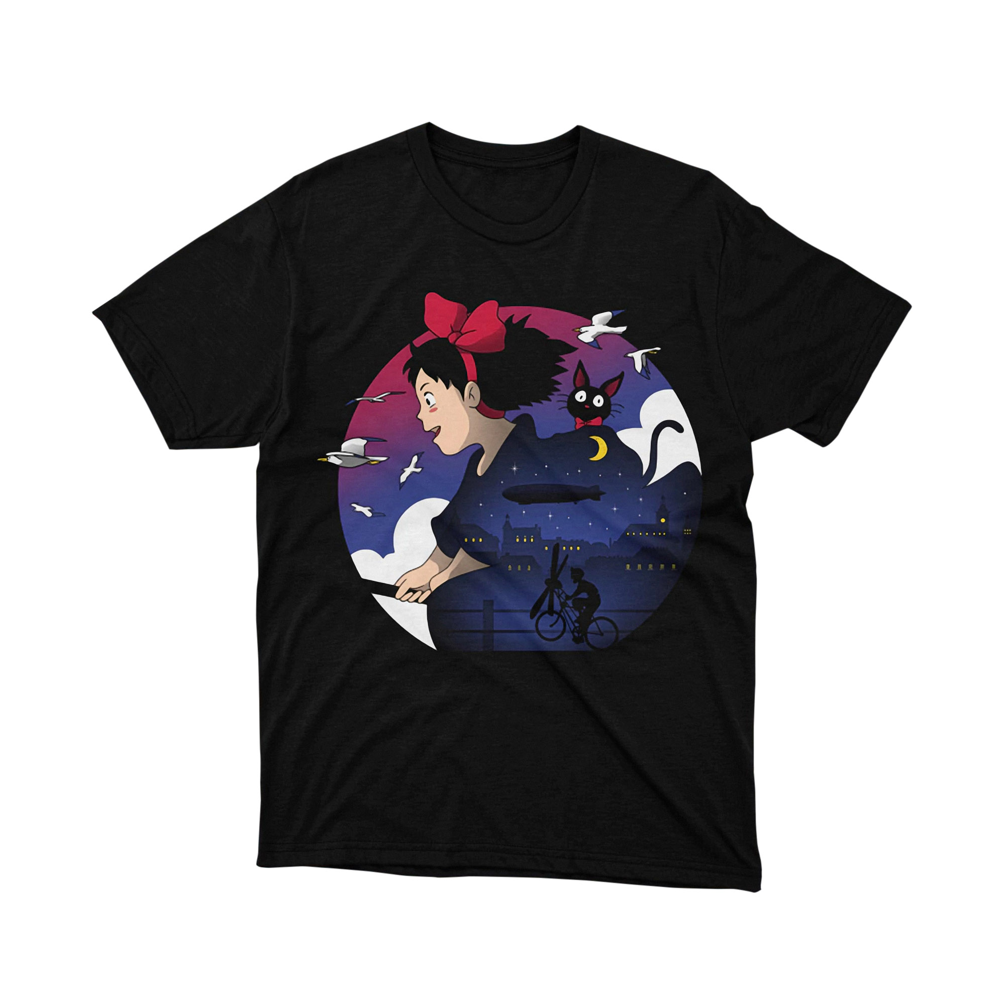 Kiki Delivery Service Night Sky Broom Cat Anime Fantasy T Shirt