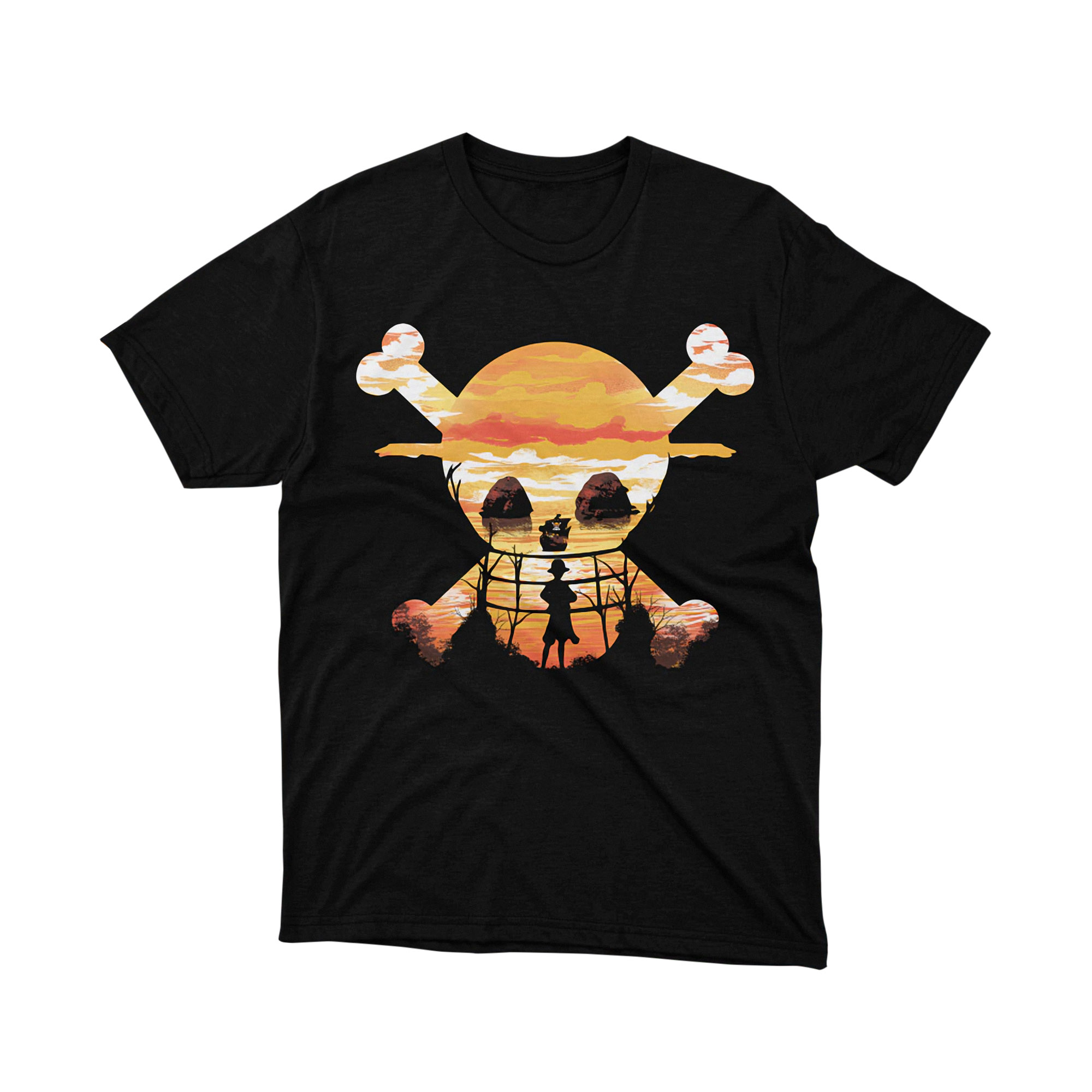 Luffy Straw Hat Pirates Jolly Roger Sunset Silhouette One Piece Anime T Shirt