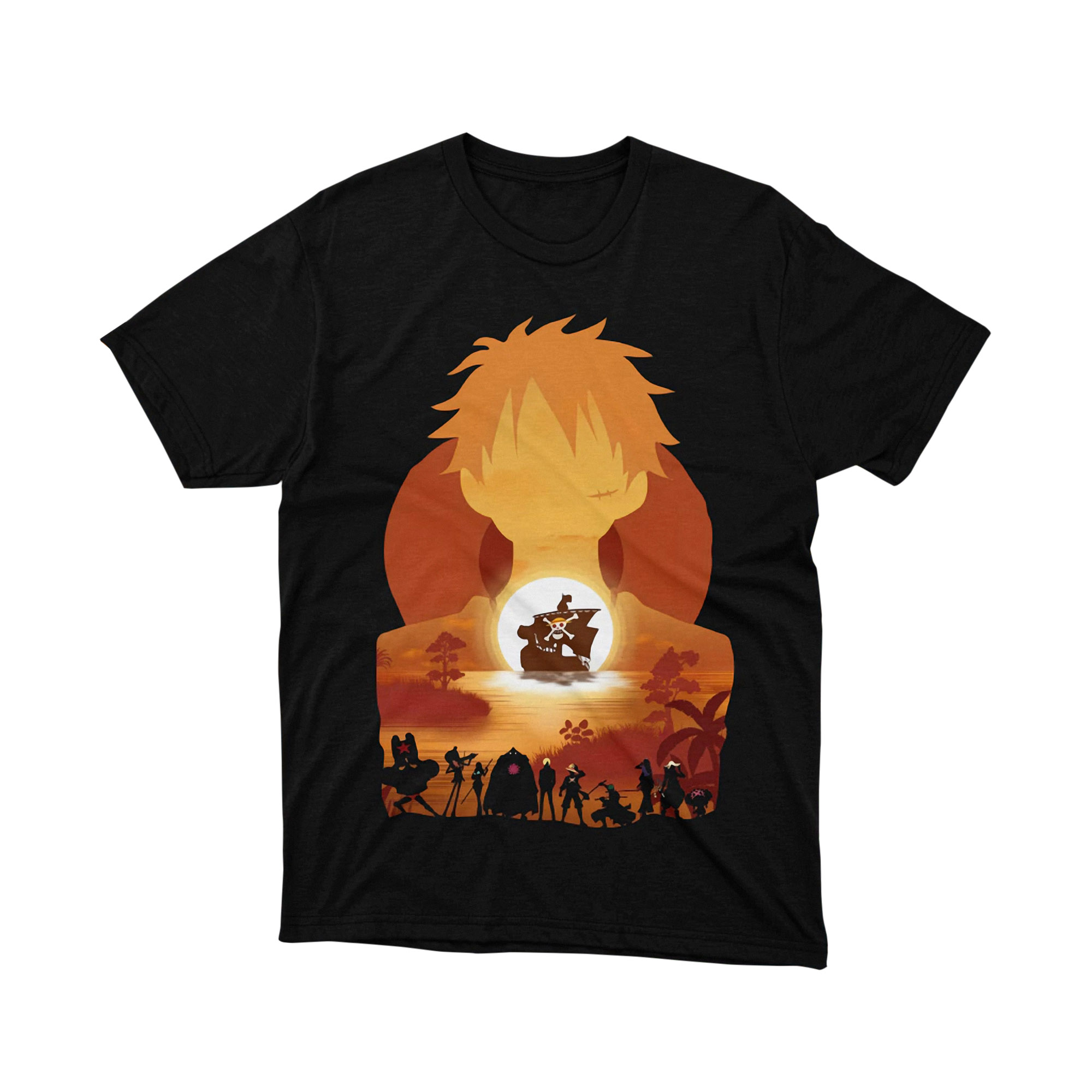 Luffy Sunset Silhouette Straw Hat Crew Adventure Orange One Piece T Shirt
