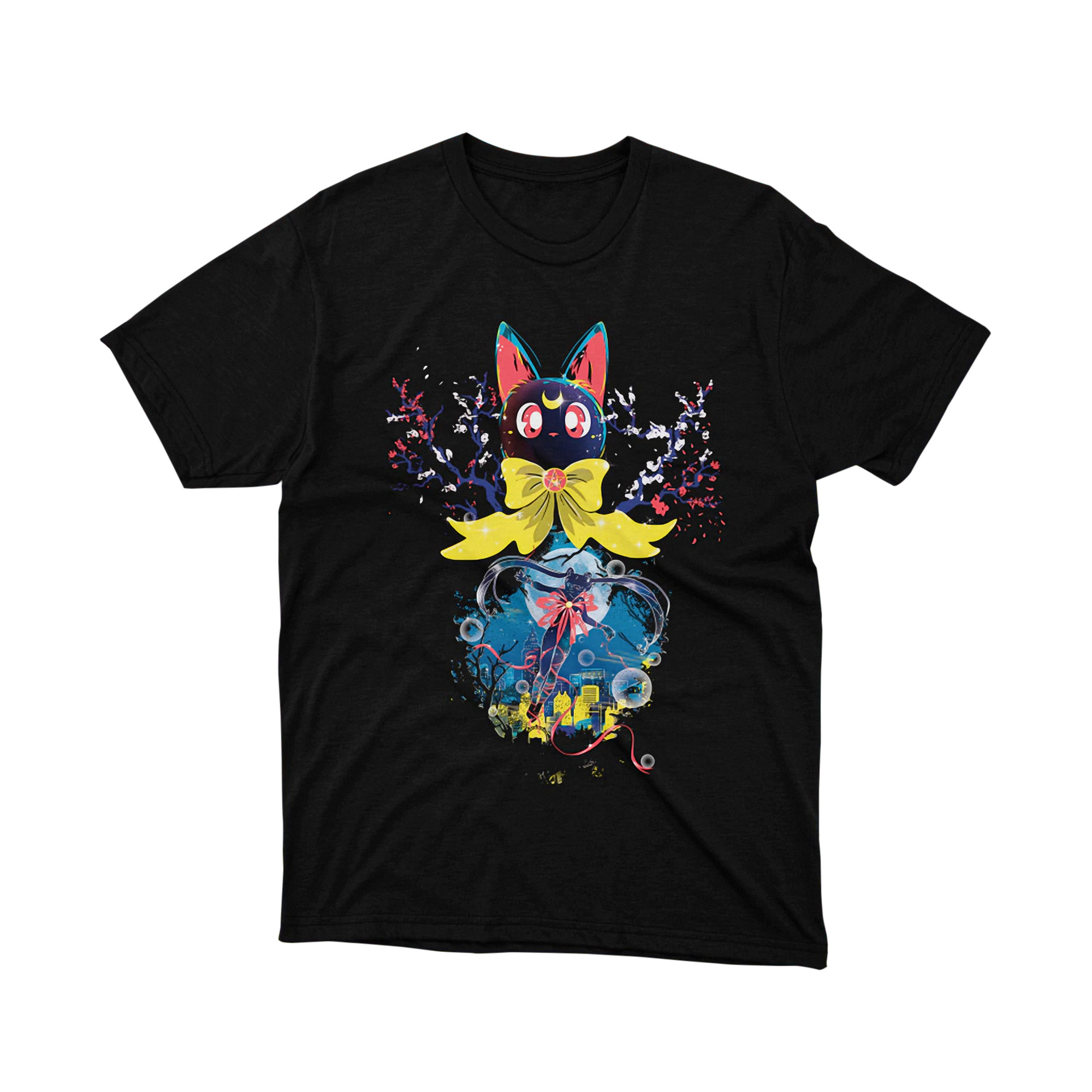 Luna Cat Floral Bow Magical Girl Watercolor Sailor Moon T Shirt
