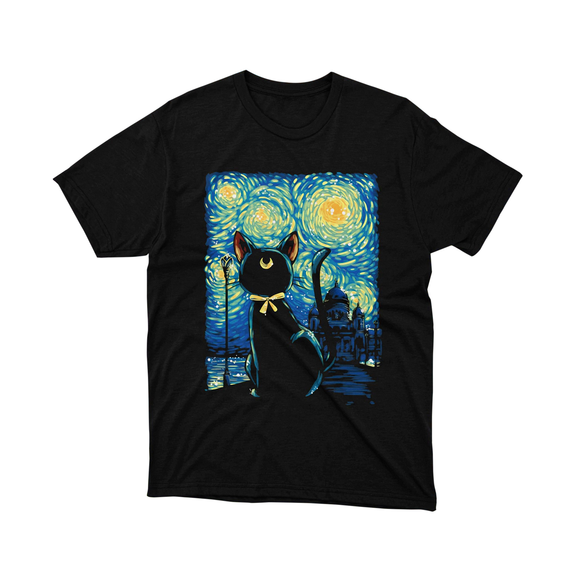 Luna Cat Starry Night Van Gogh Style Magical Black Cat Anime T Shirt