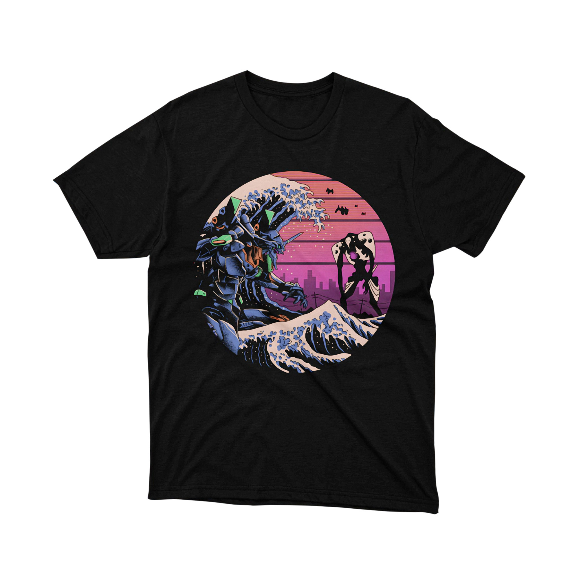 Mecha Battle Wave Shirt Retro Japanese Art Graphic Tee Neon Mecha Robot Design Shirt for Men and Women