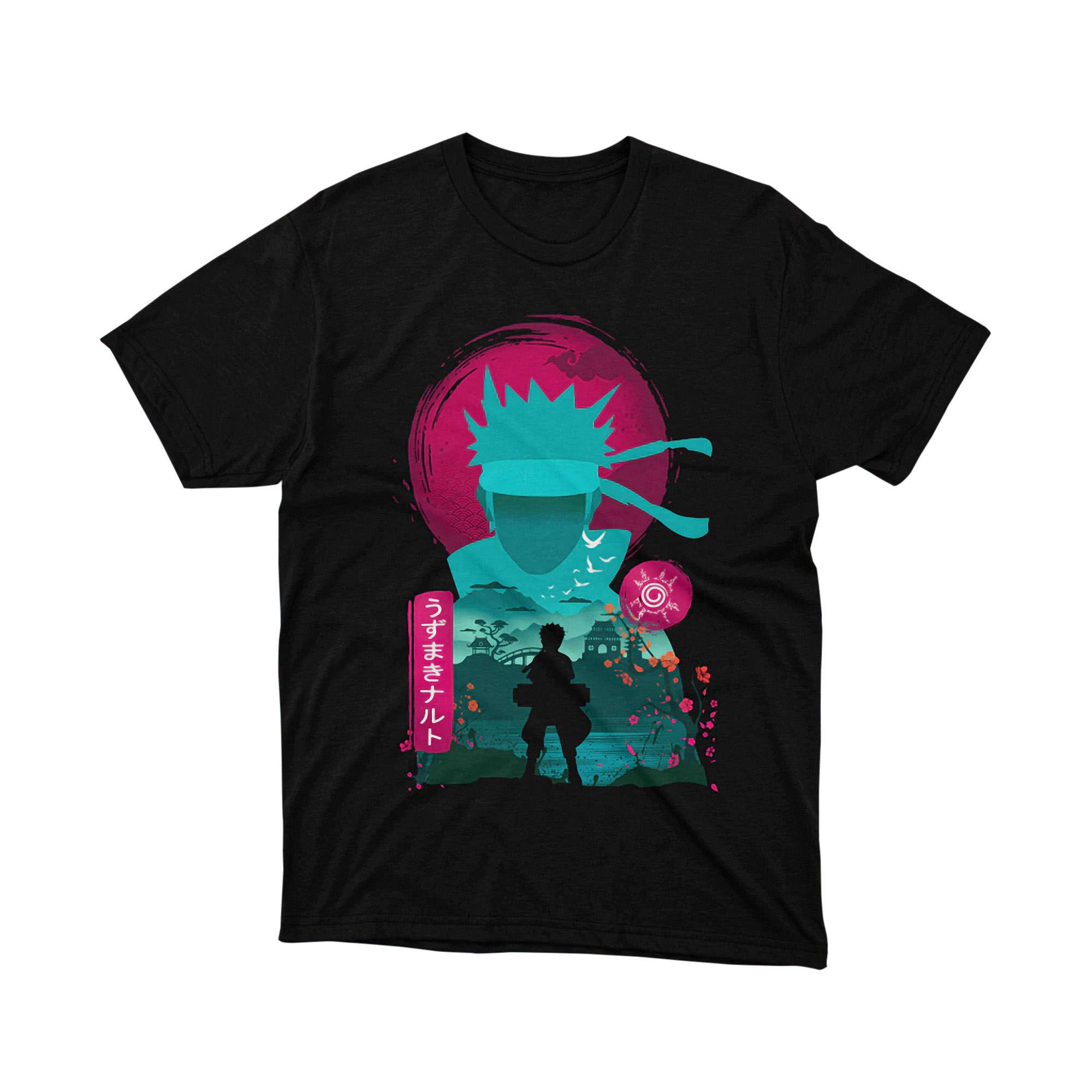 Naruto Uzumaki Japanese Village Pink Blue Double Exposure Anime T Shirt
