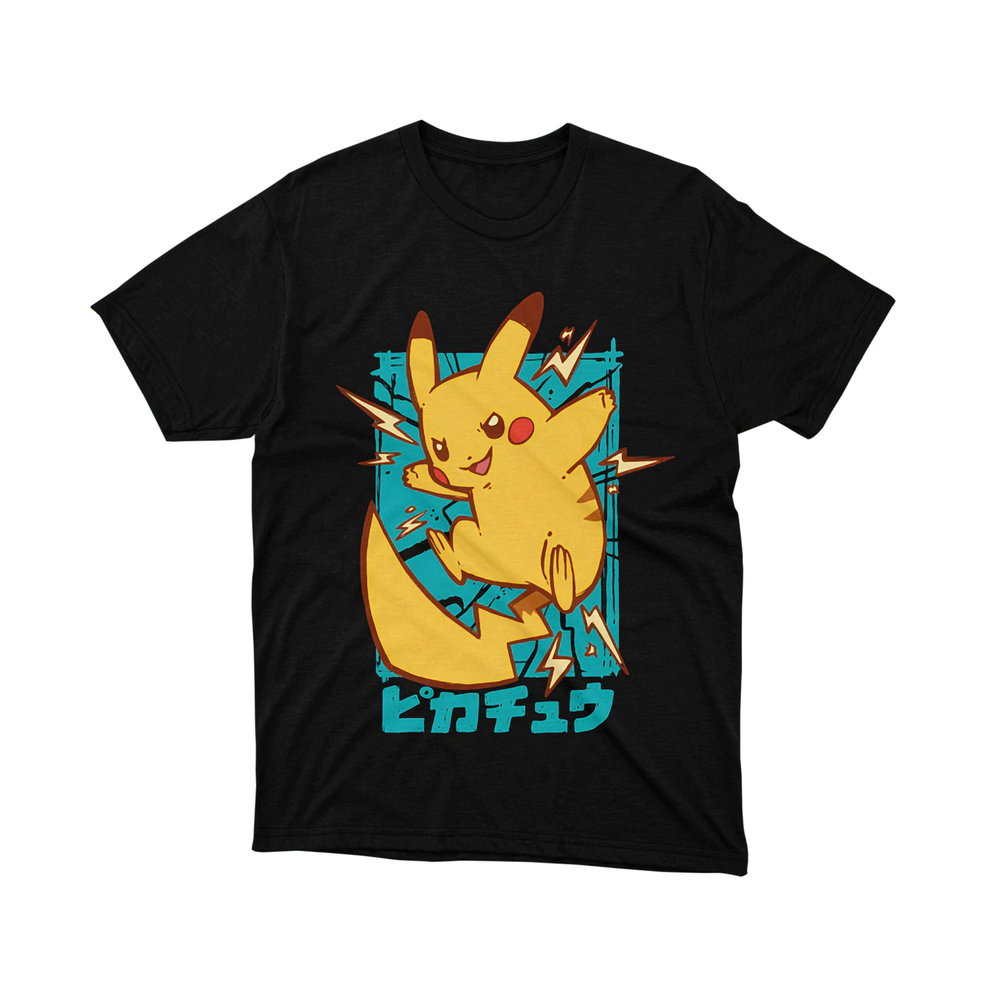 Pikachu Electric Thunder Blue Frame Japanese Text T Shirt