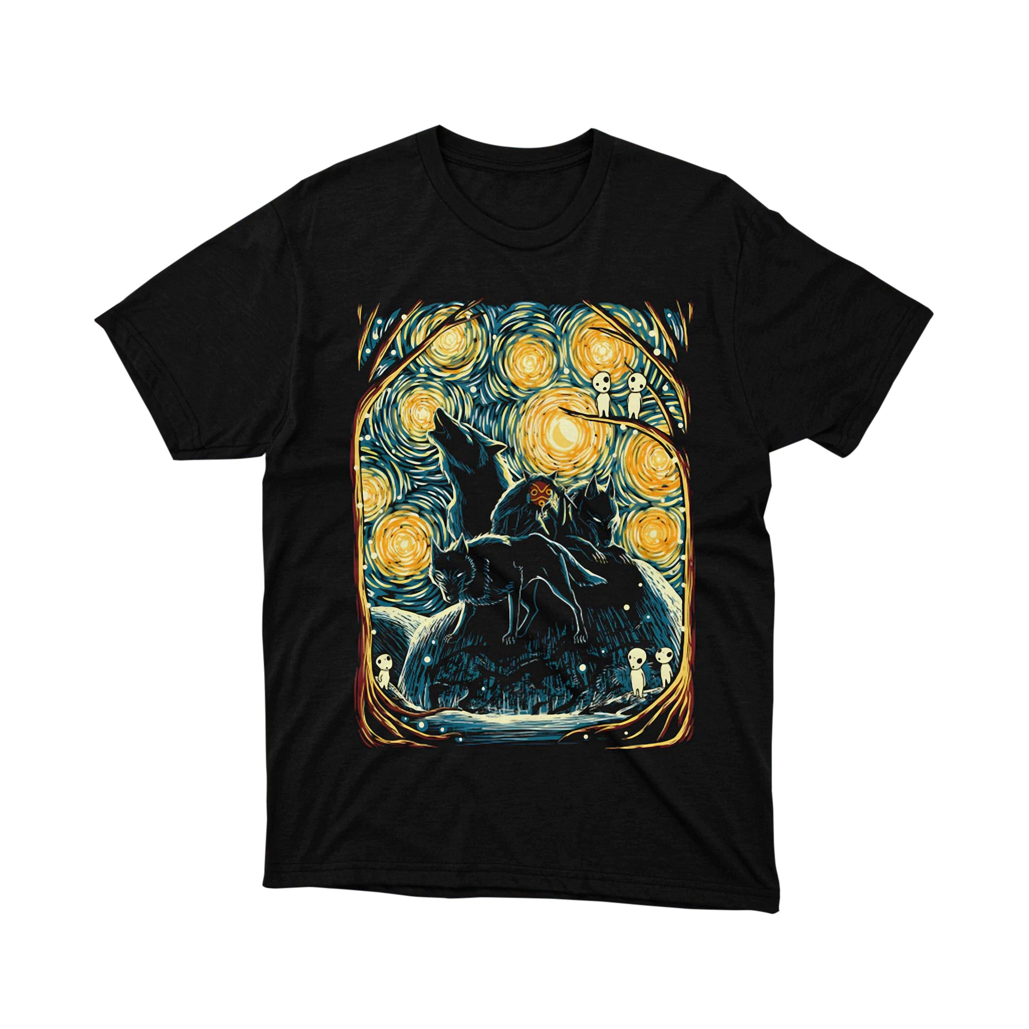Princess Mononoke Starry Night Wolf Spirits Kodama Anime Art T Shirt