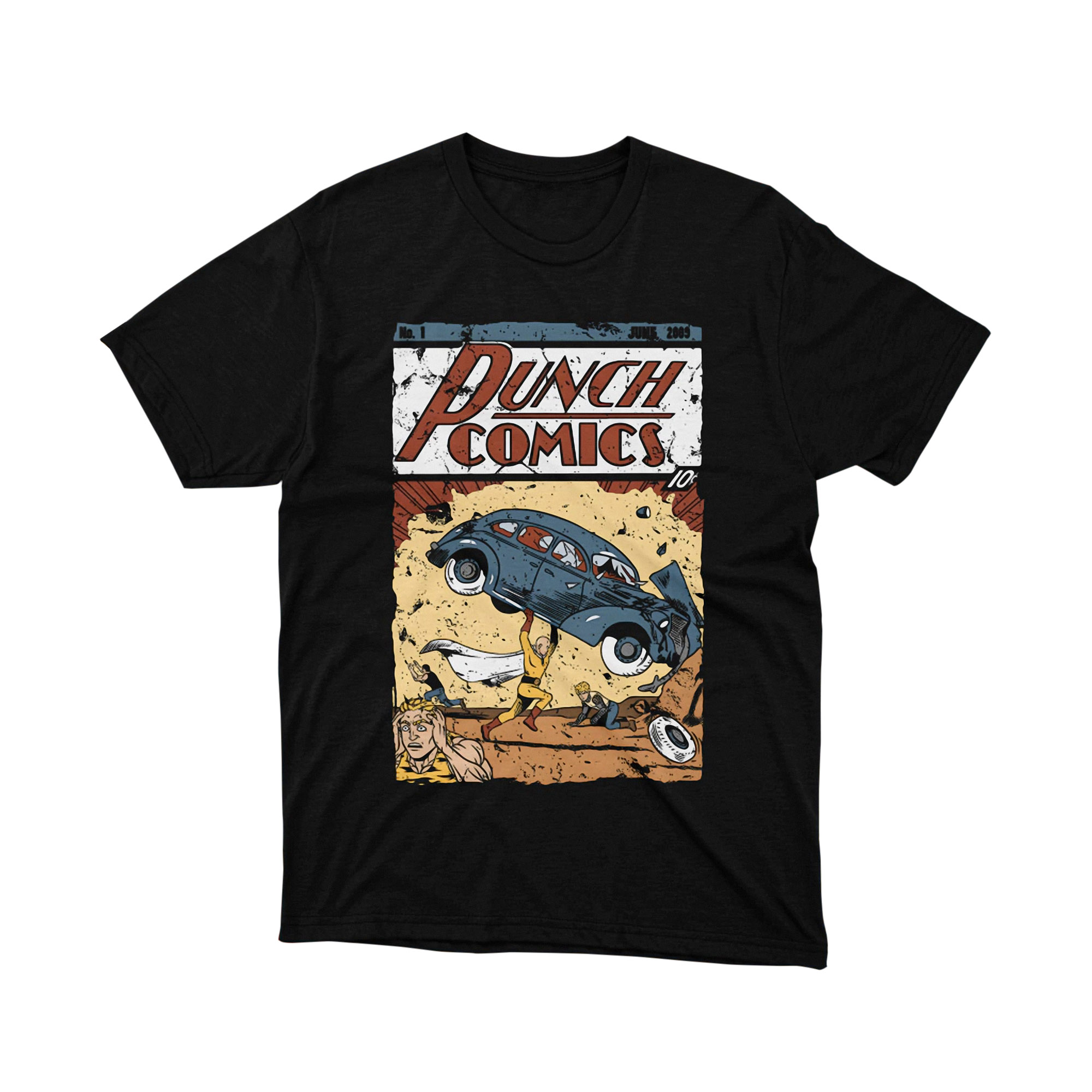 Punch Comics Cover Vintage Superhero Car Lift Parody T Shirt