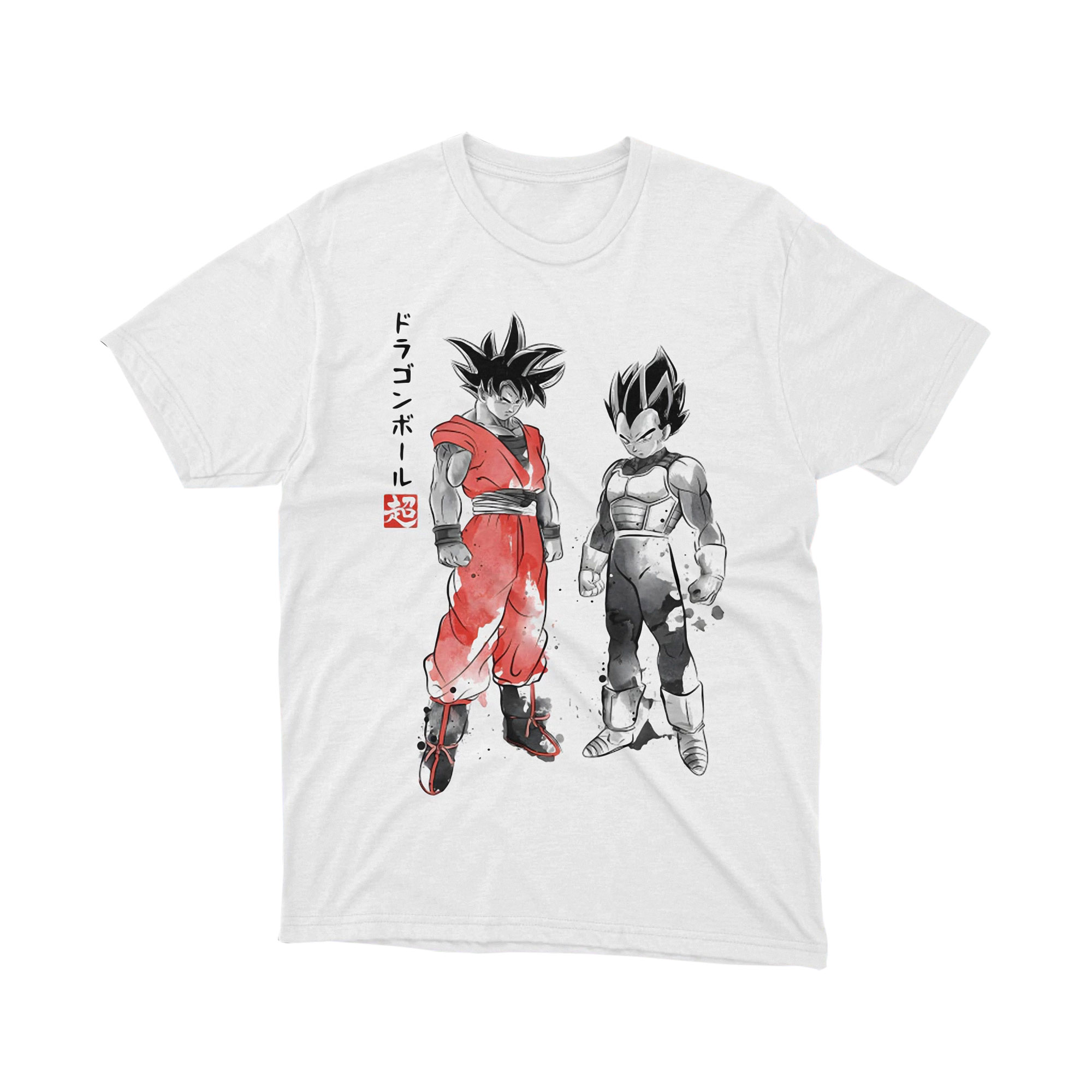 Red and Black Saiyan Duo Shirt Japanese Style Ink Art Graphic Tee Anime Warrior Design for Men and Women