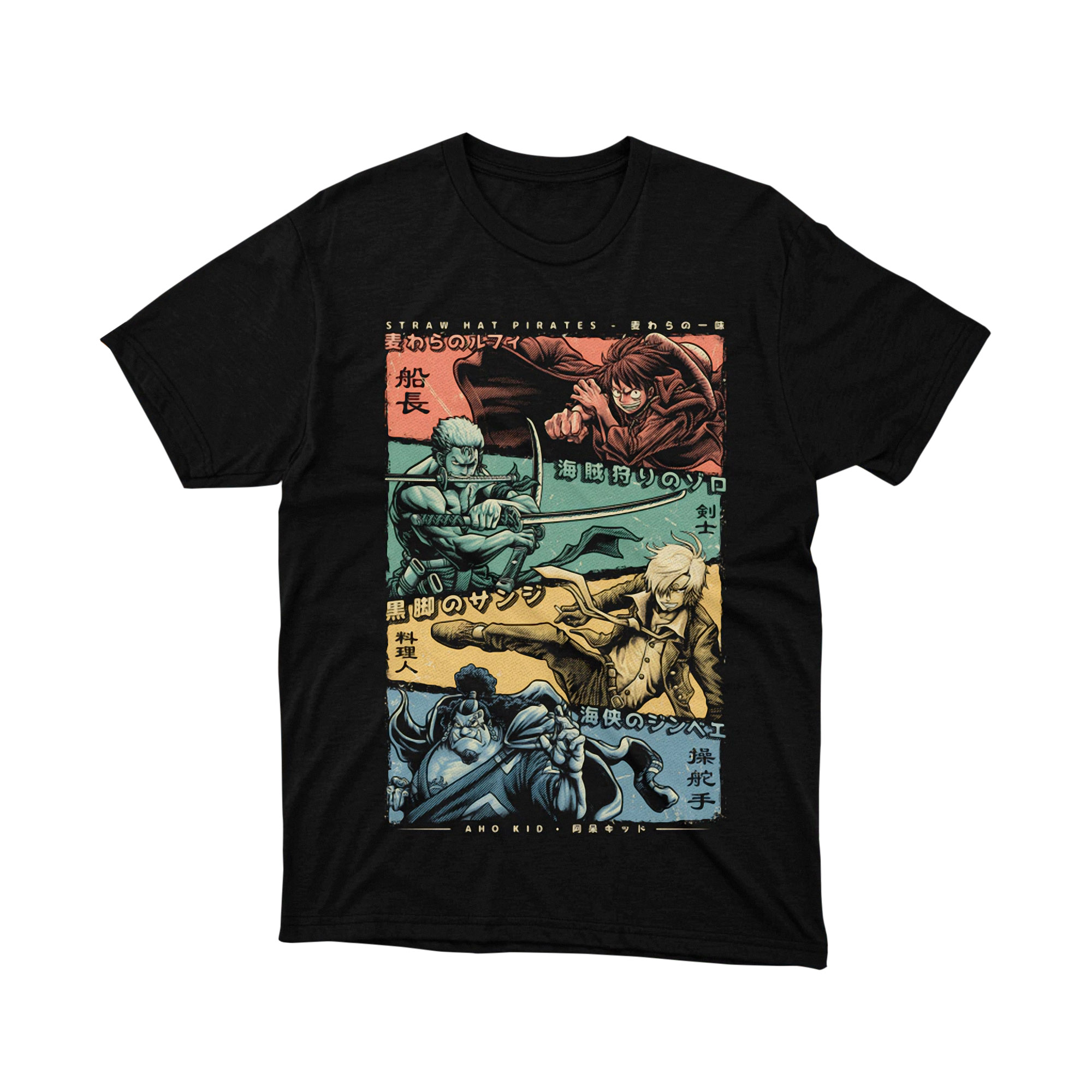 Retro Panel Straw Hat Pirates Wanted Style Group One Piece T Shirt