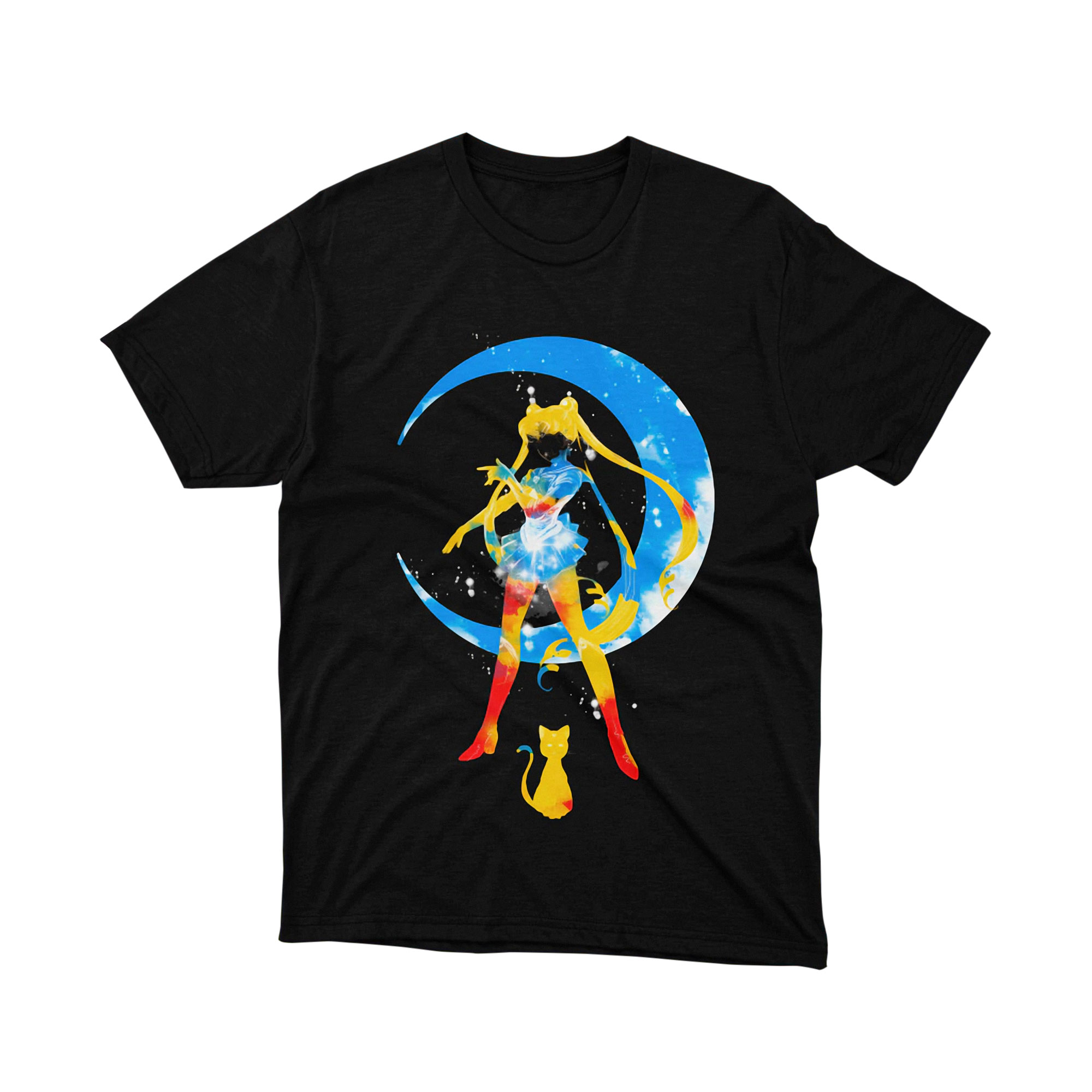 Sailor Moon Blue Crescent Cat Watercolor Starry Sky Magical Girl T Shirt