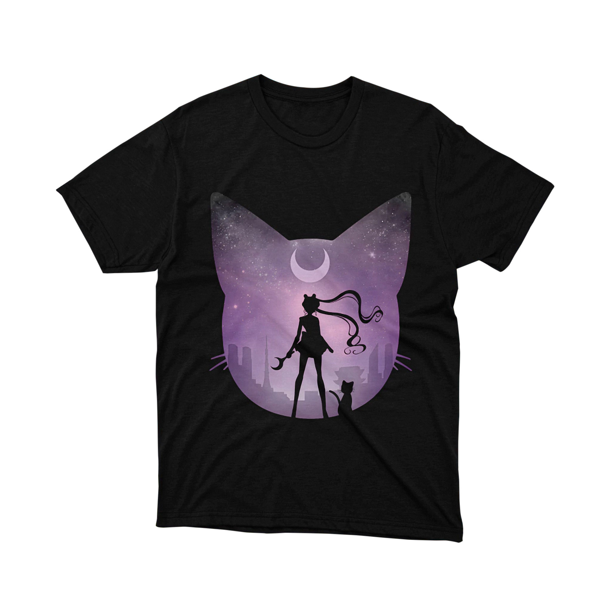 Sailor Moon Cat Head Silhouette Purple Night City Magical Girl T Shirt