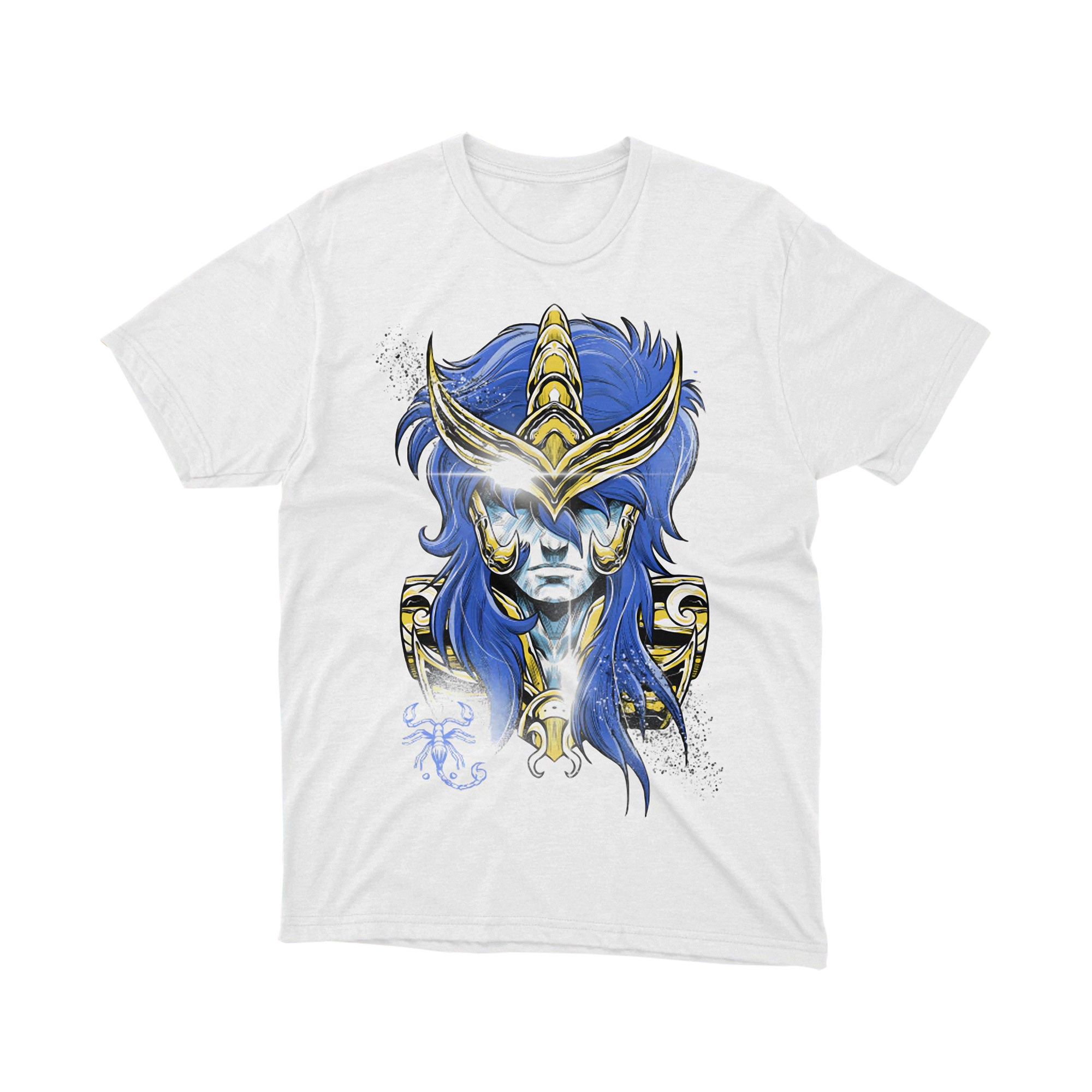 Scorpio Gold Saint Armor T Shirt Blue Hair Warrior Anime Graphic Tee Unisex Japanese Manga Shirt for Fans Classic Gift