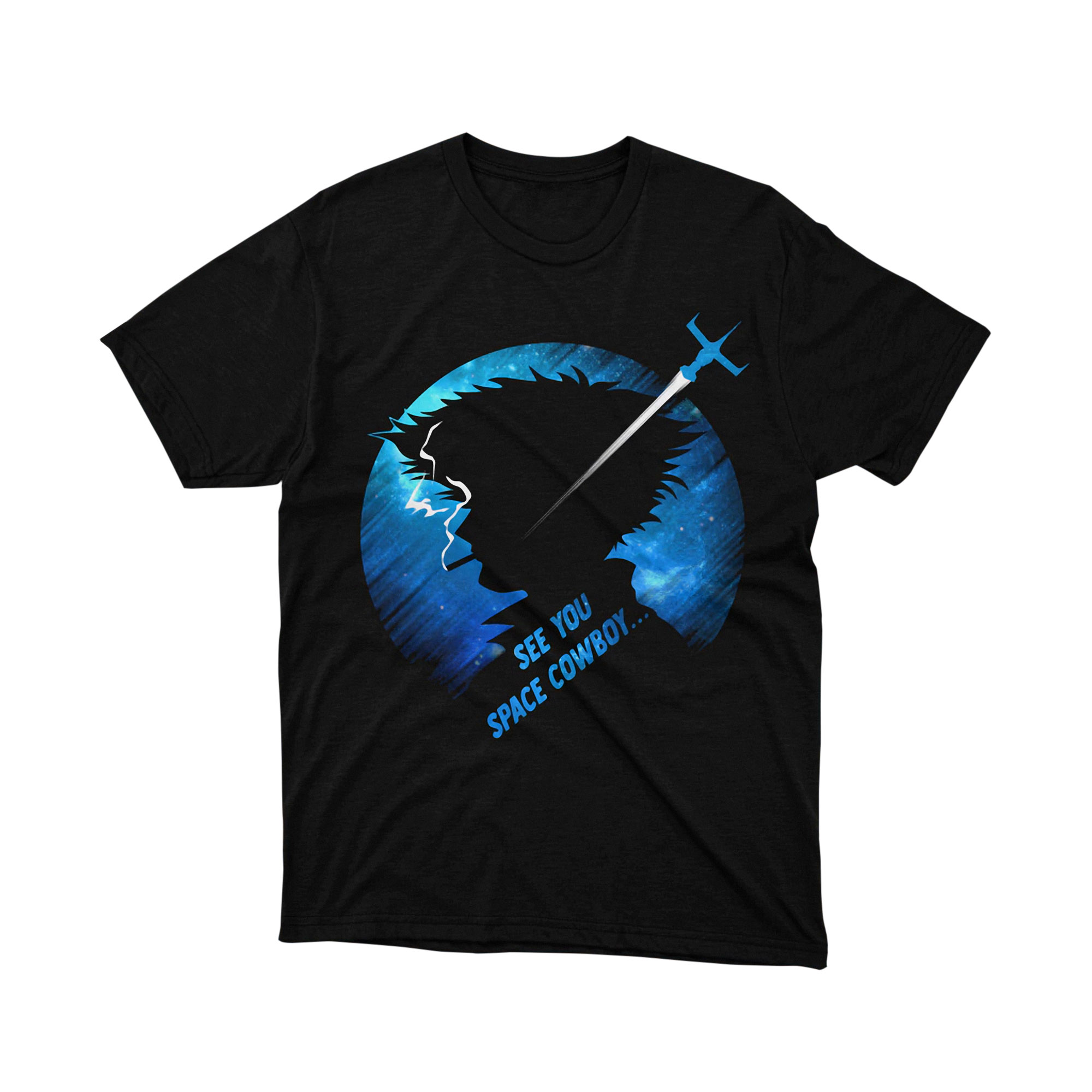 See You Space Cowboy Anime T Shirt Blue Spike Silhouette Sword Star Art