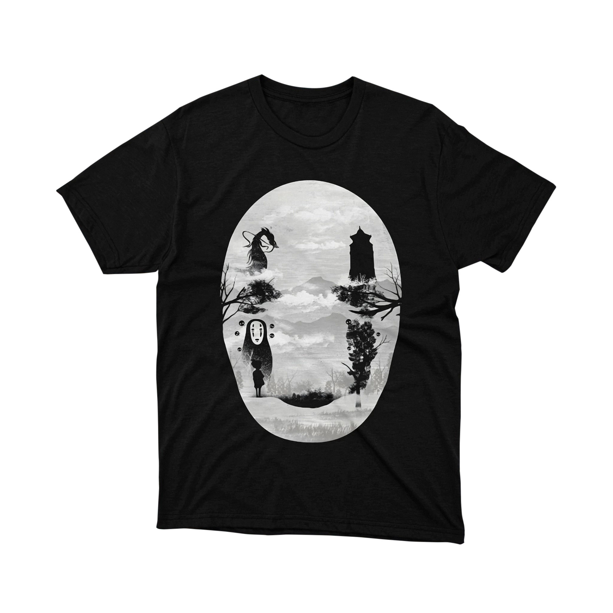 Spirited Away No Face Monochrome Oval Japanese Fantasy Anime T Shirt