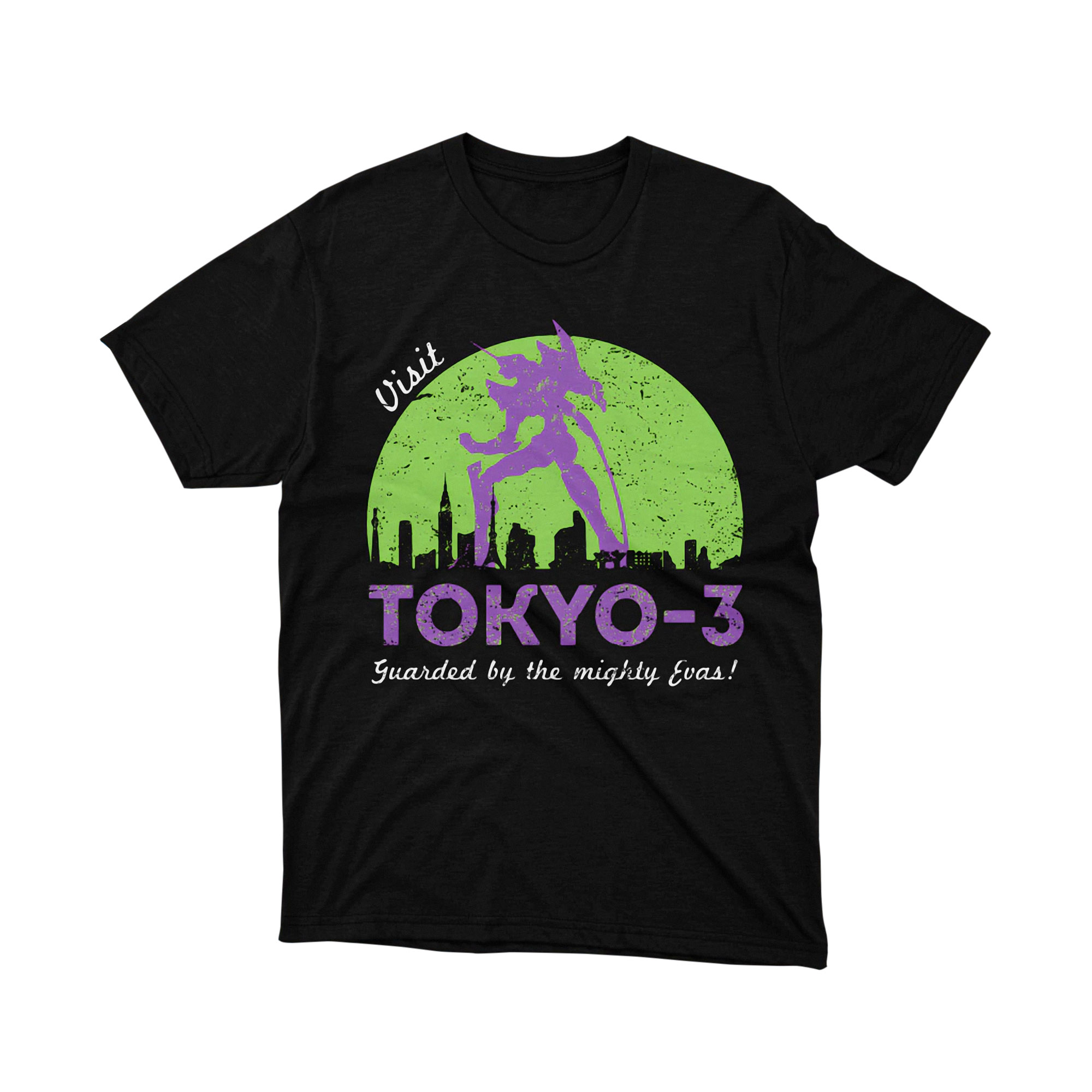 Tokyo 3 City Shirt Retro Anime Travel Poster Graphic Tee Neon Green and Purple Design Shirt for Men and Women