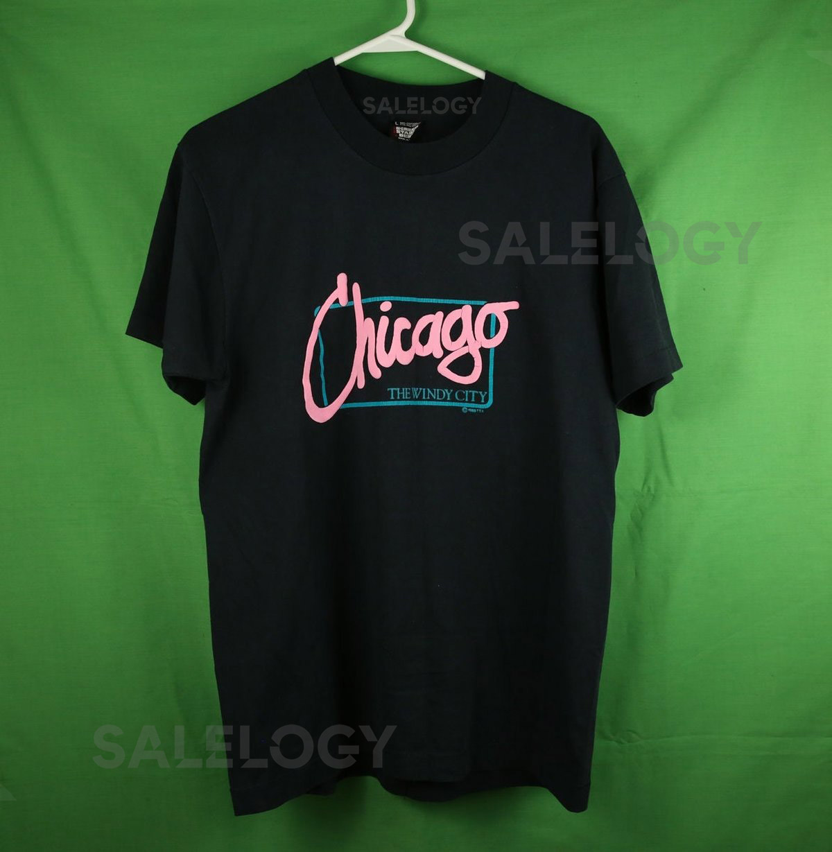Vintage 80s Chicago Souvenir T Shirt Large Screen Stars Best Made in USA Black Illinois Single Stitch Neon The Windy City Bulls White Sox_417