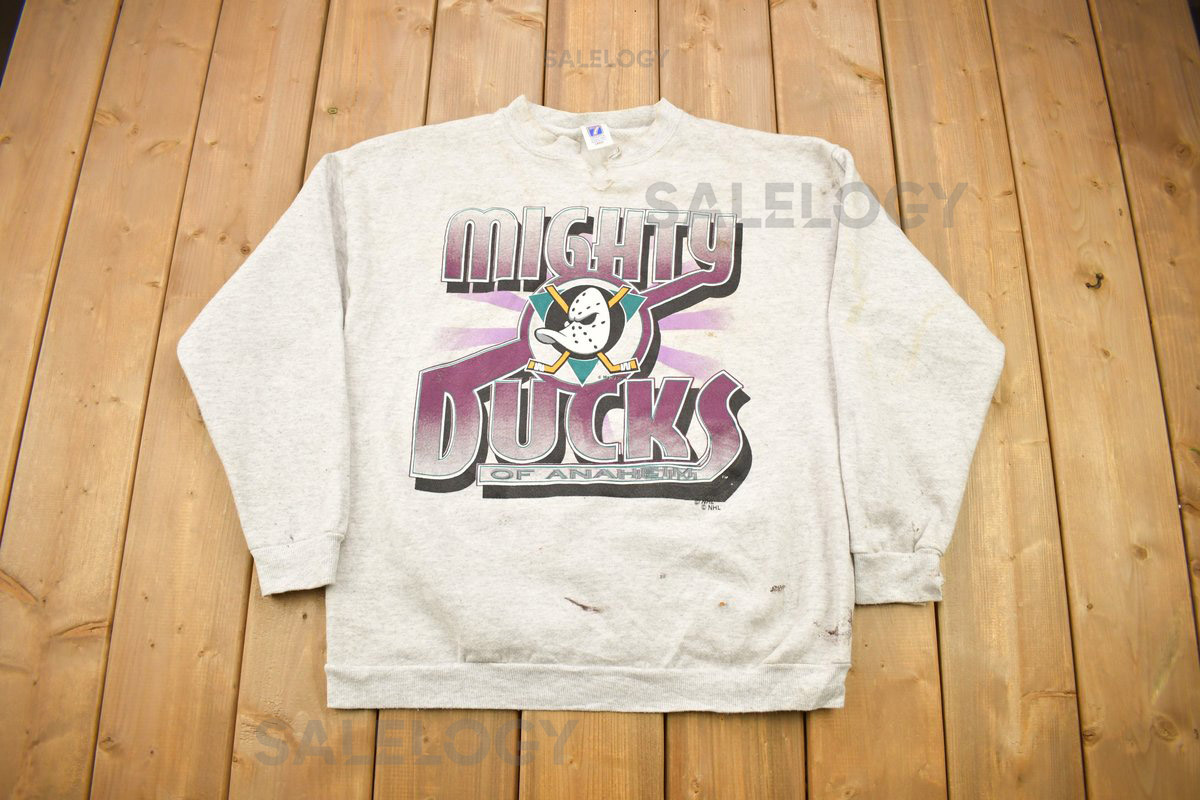 Vintage 1990s Mighty Ducks Of Anaheim NHL Logo 7 Crewneck Sweatshirt Distressed Sportswear Athleisure Americana Made In USA_670