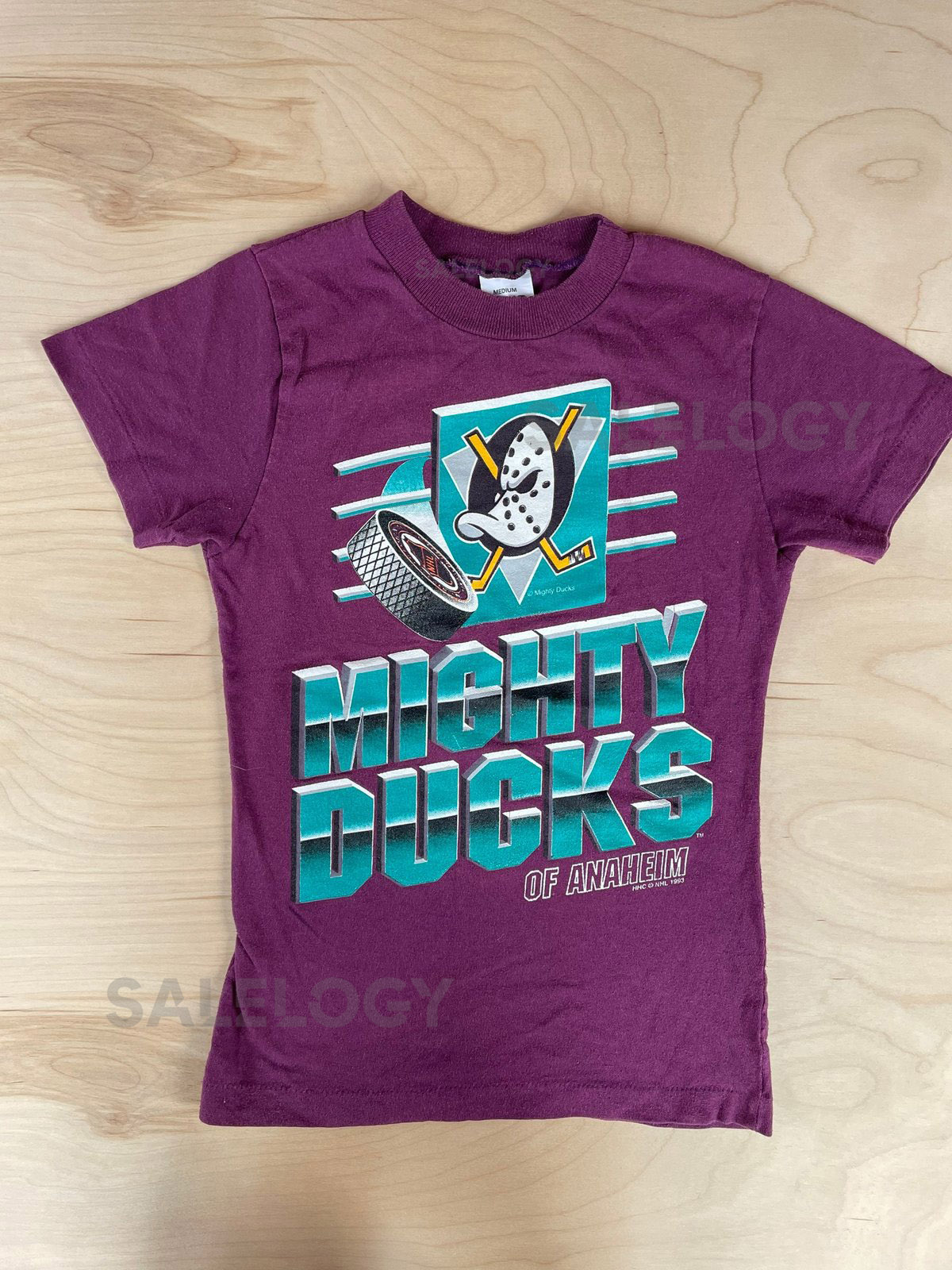 Mighty Ducks shirt vintage 1993 kids medium NHL Hockey mega print Anaheim USA made single stitch_298