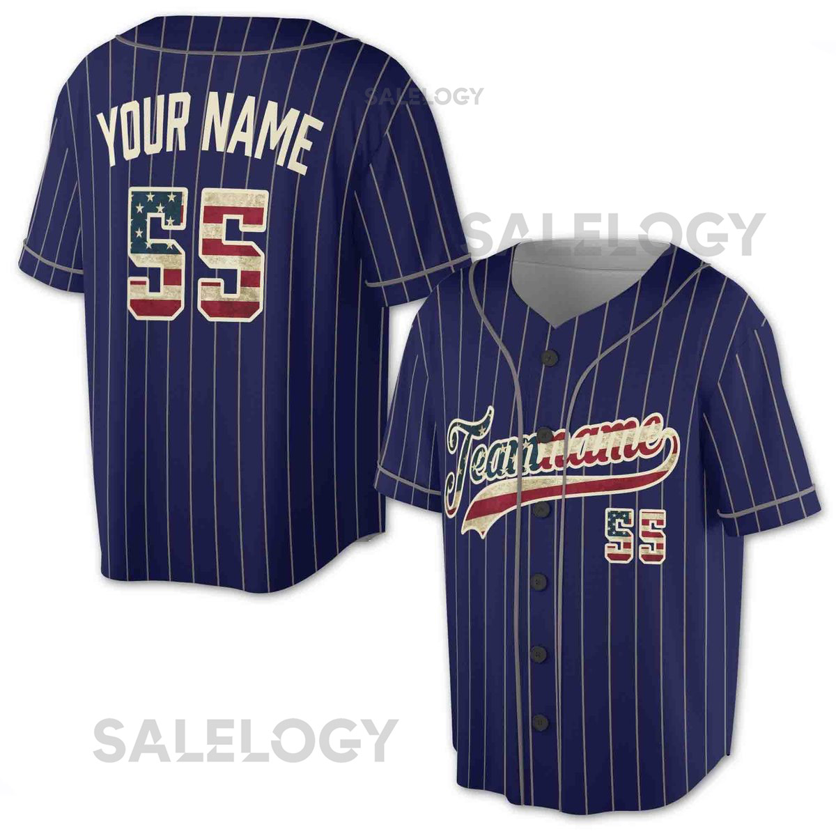 Custom Pinstripe Baseball Jersey Vintage USA Flag Personalized Name Number_47