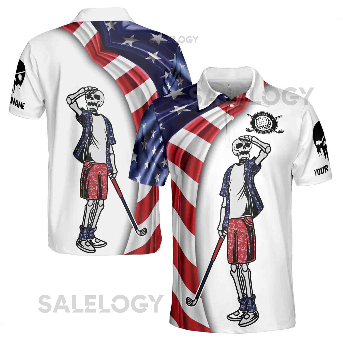 Custom Name USA Flag Skull Golf Men39s Polo Shirt_211