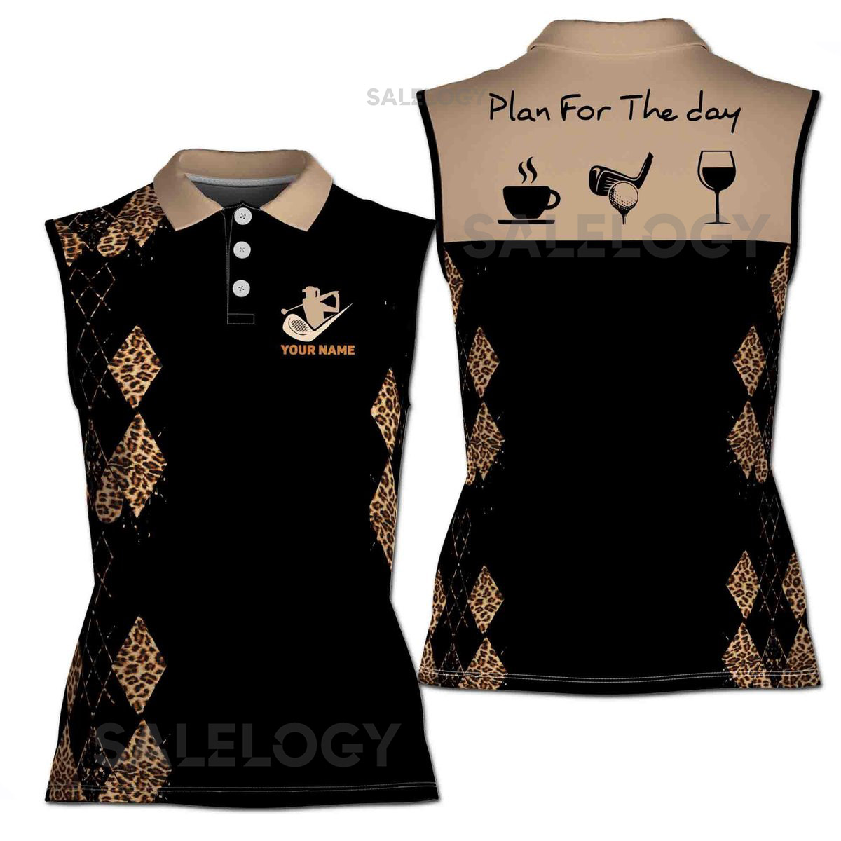 Custom Name Women39s Sleeveless Golf Polo Plan For The Day Argyle Leopard Design_223