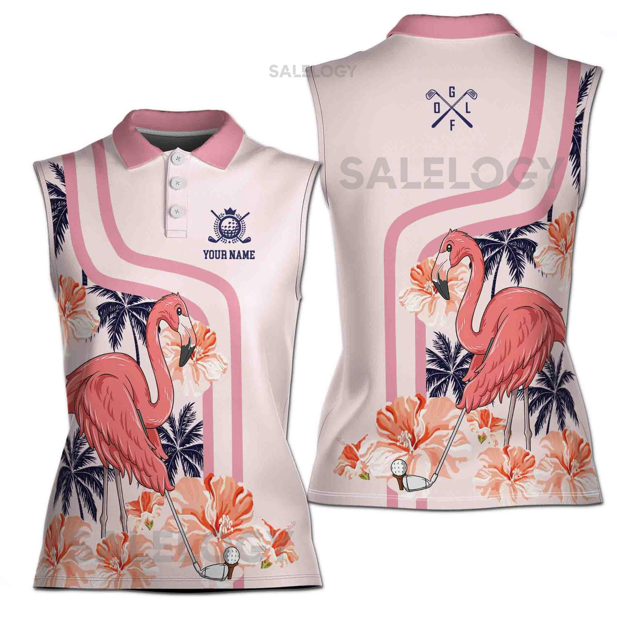 Personalized Name Pink Pastel Tropical Flamingo Playing Golf 3D Women Sleeveless Polo Size XS-4XL_572