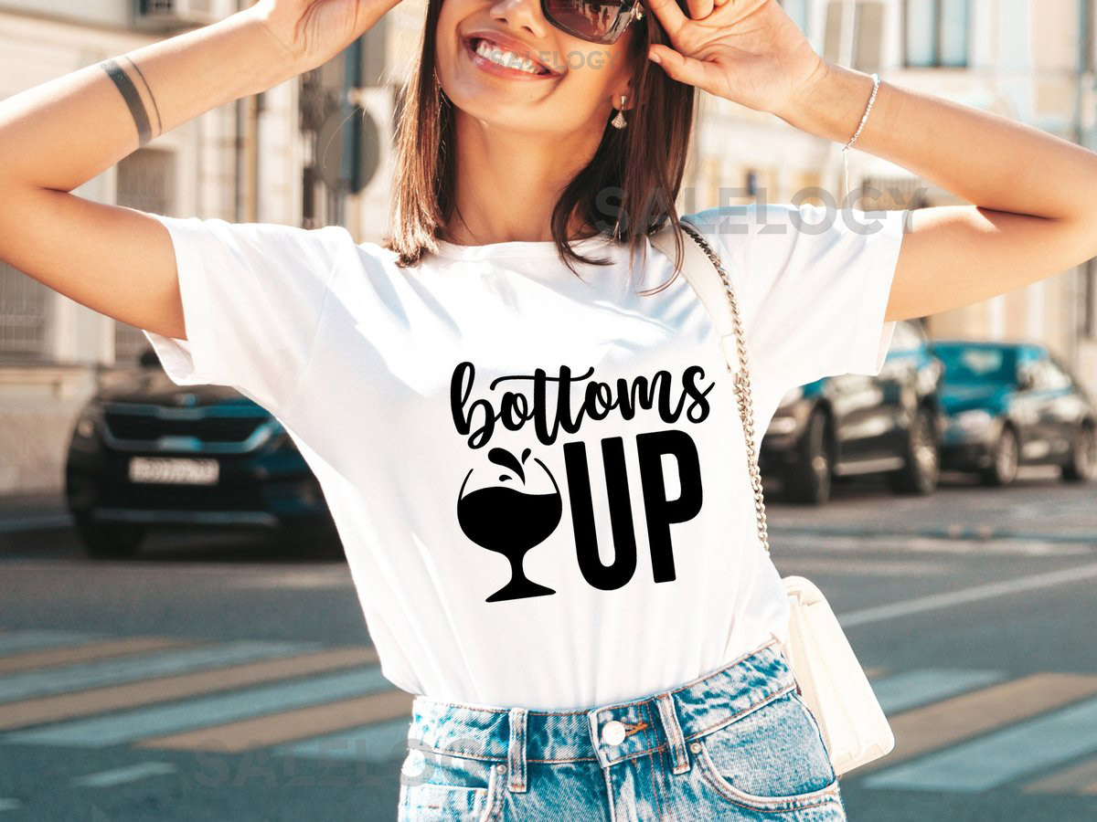 Bottoms Up T-Shirt - Customized Graphic Unisex Tee - Celebrating Friendship -Raise A Glass -Wine - Lover Tee -Wine Party - Special Moments_121