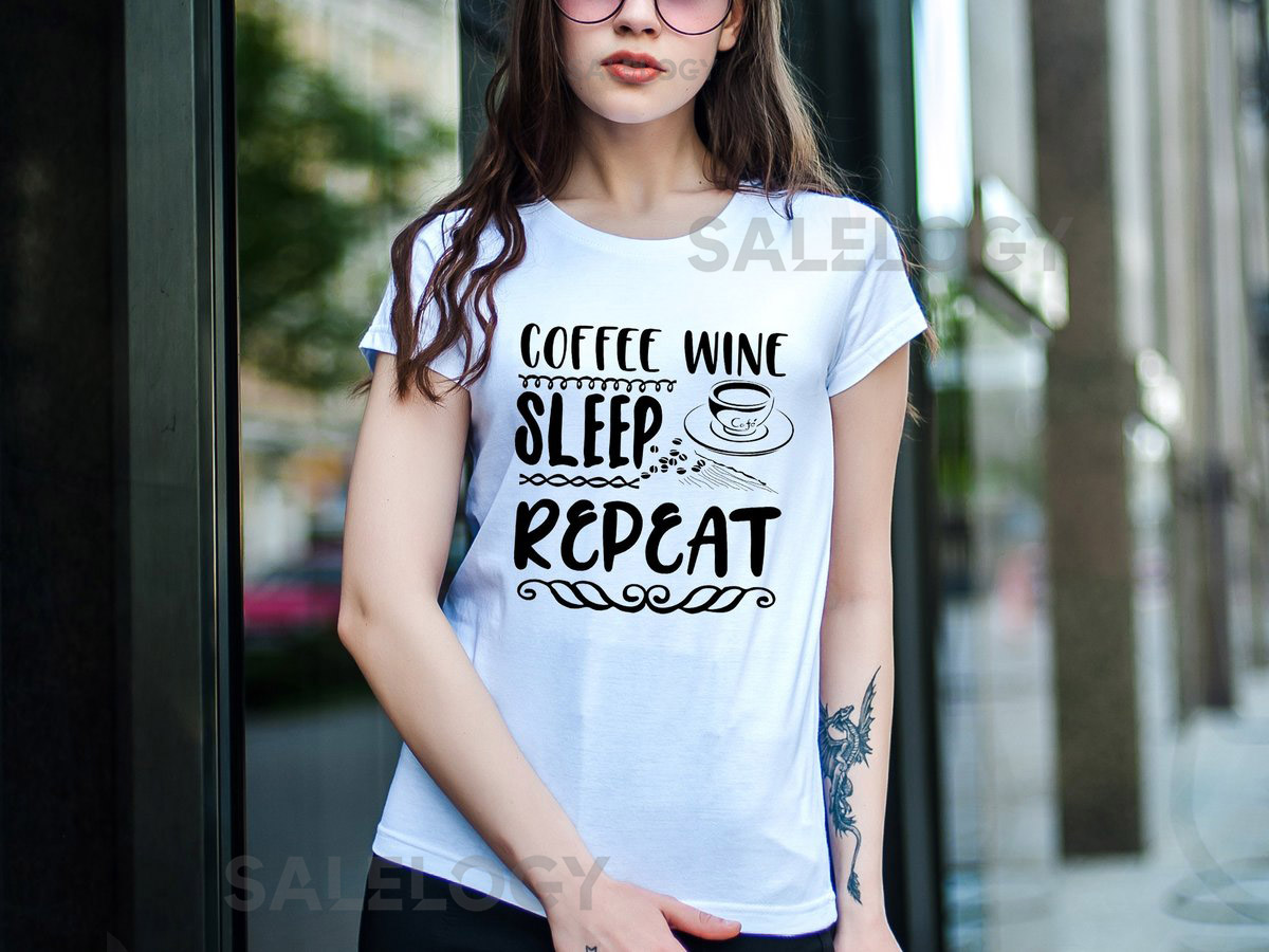 Coffee Wine Sleep Repeat T-Shirt - Customized Graphic Unisex Tee - Introvert Fashion -Coffee Lover Tee -Wine Celebration - Every Day Party_223