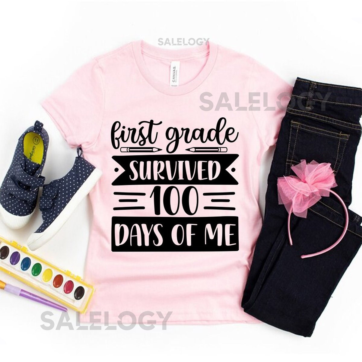 First Grade Survived 100 Days of Me T-Shirt -Customized Graphic Unisex Tee -School Life-Milestone Tee -Educational Journey-Celebratory Wear_325