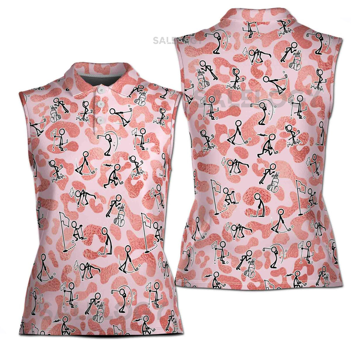 Funny Golf Stick Glitter Pink Leopard Pattern 3D Women Sleeveless Polo Size XS-4XL_499