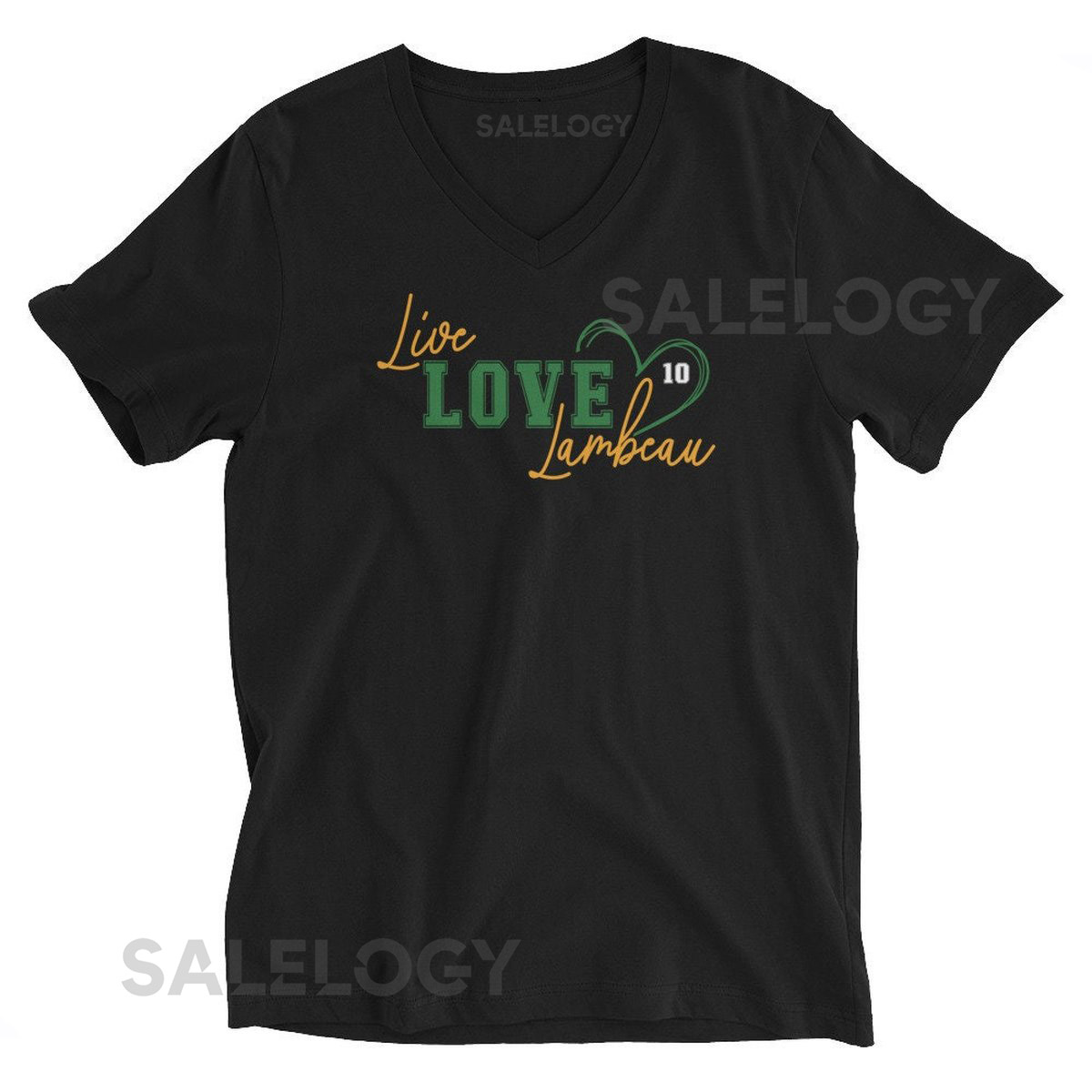 Live Love Lambeau Number 10 Heart Script Gold Unisex Short Sleeve V-Neck T-Shirt Jordan Love Green Bay Packers Go Pack Go_576