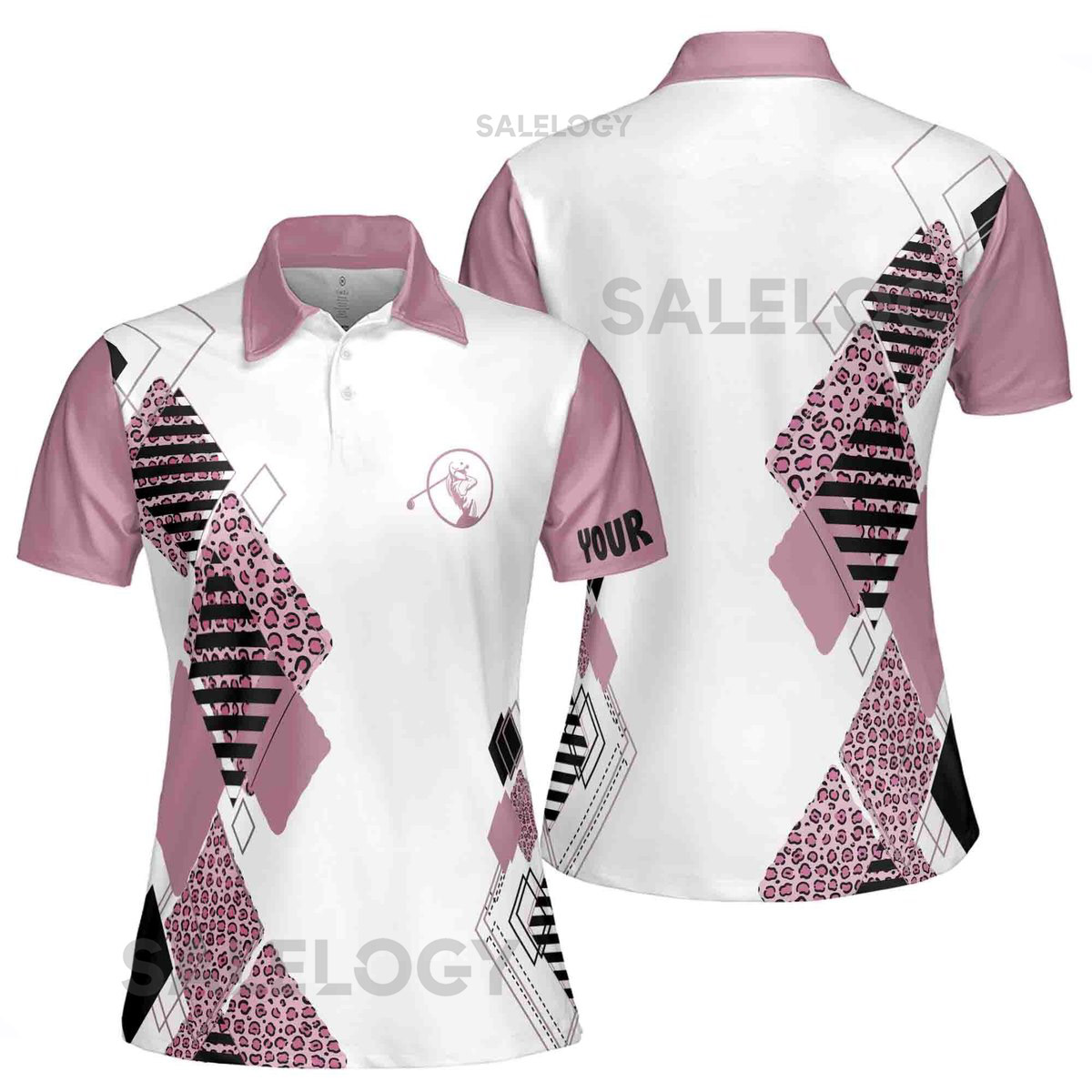 Leopard Pattern Women's Golf Polo Custom Name Pink White Shirt_514