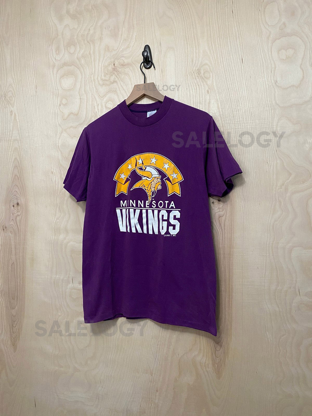 Vintage 80s Minnesota Vikings Logo7 Banner Logo Purple T Shirt size Large_783