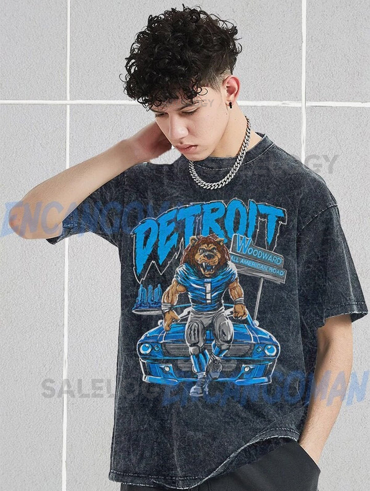 Vintage Wash Detroit Football Graphic Tee 90s Style_756