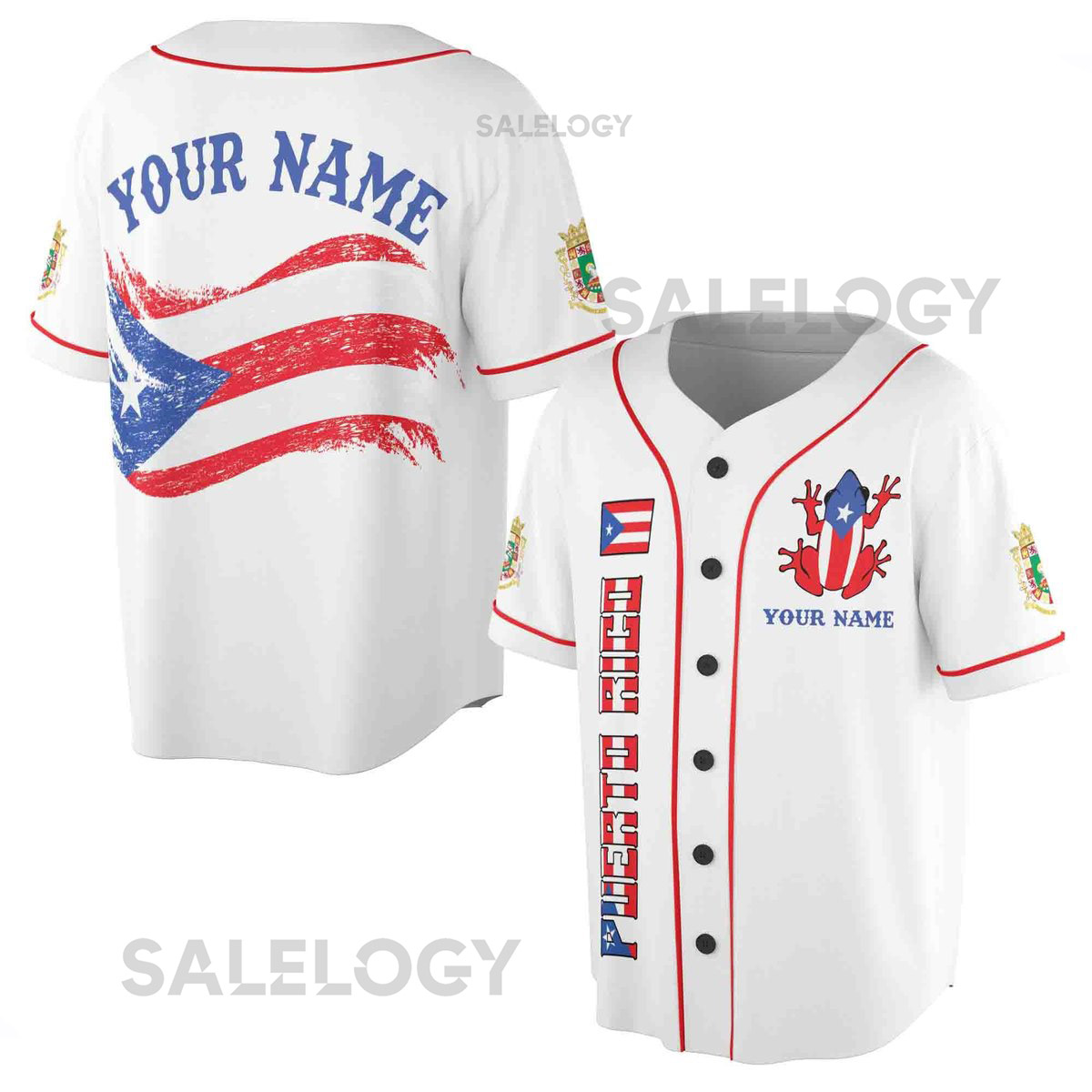 Custom Name Puerto Rico Flag and Frog Design Baseball Jersey S-5XL_40