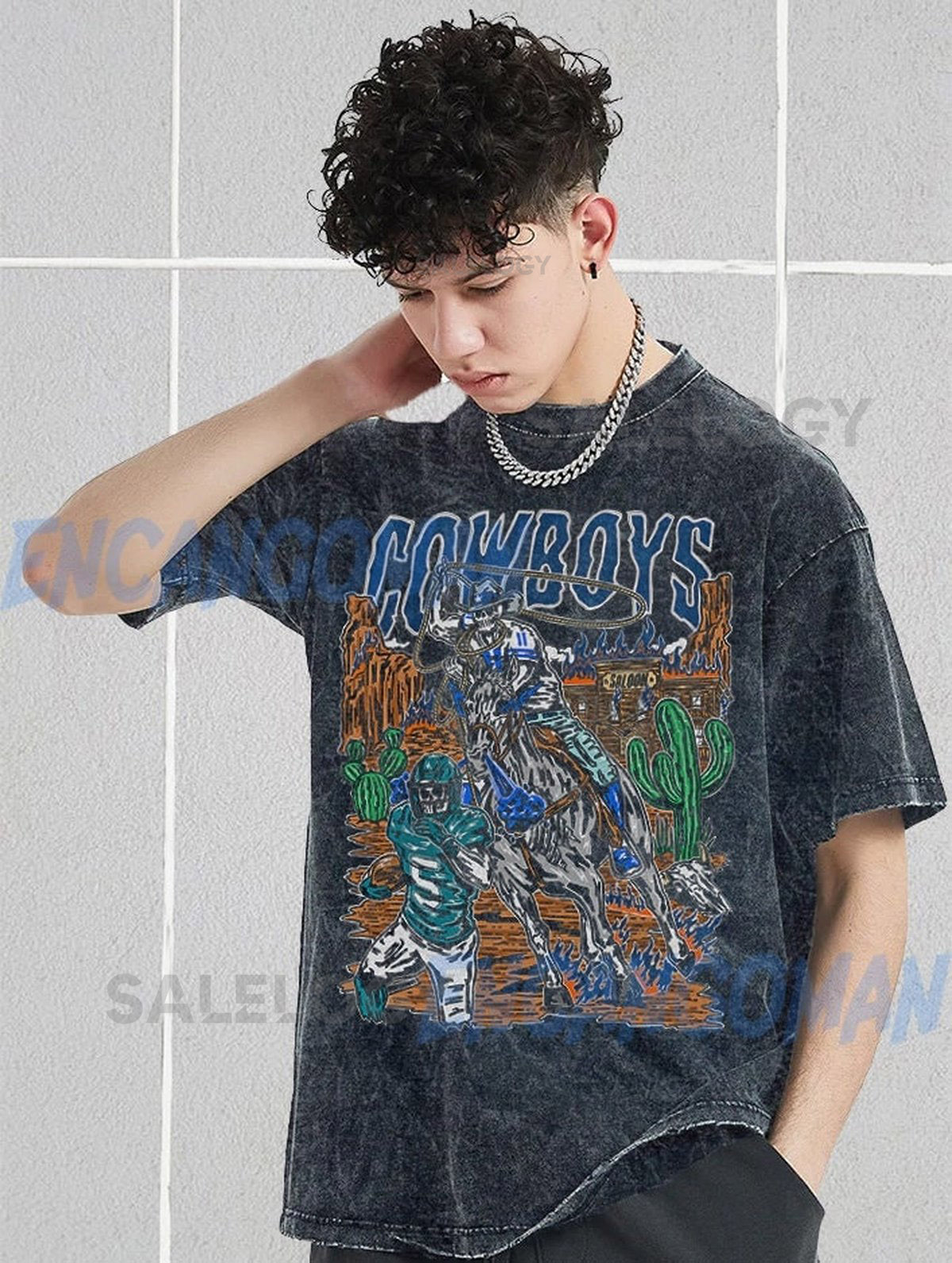 Vintage Wash Dallas Football Skeleton Graphic T-shirt_603