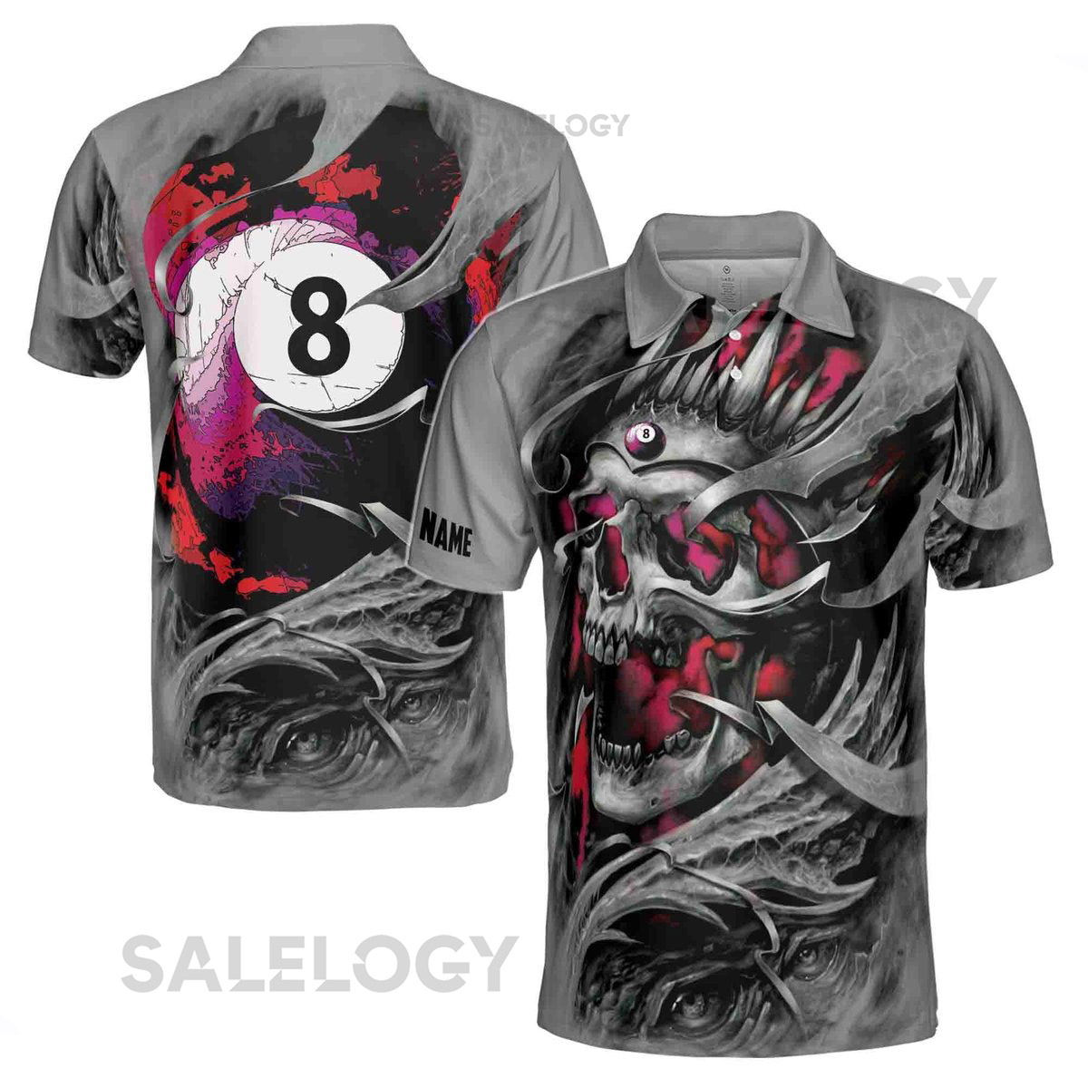 Custom Name Gray Skull Billiard 8 Balls Skeleton Pool Men39s Polo Shirt S-5XL_107