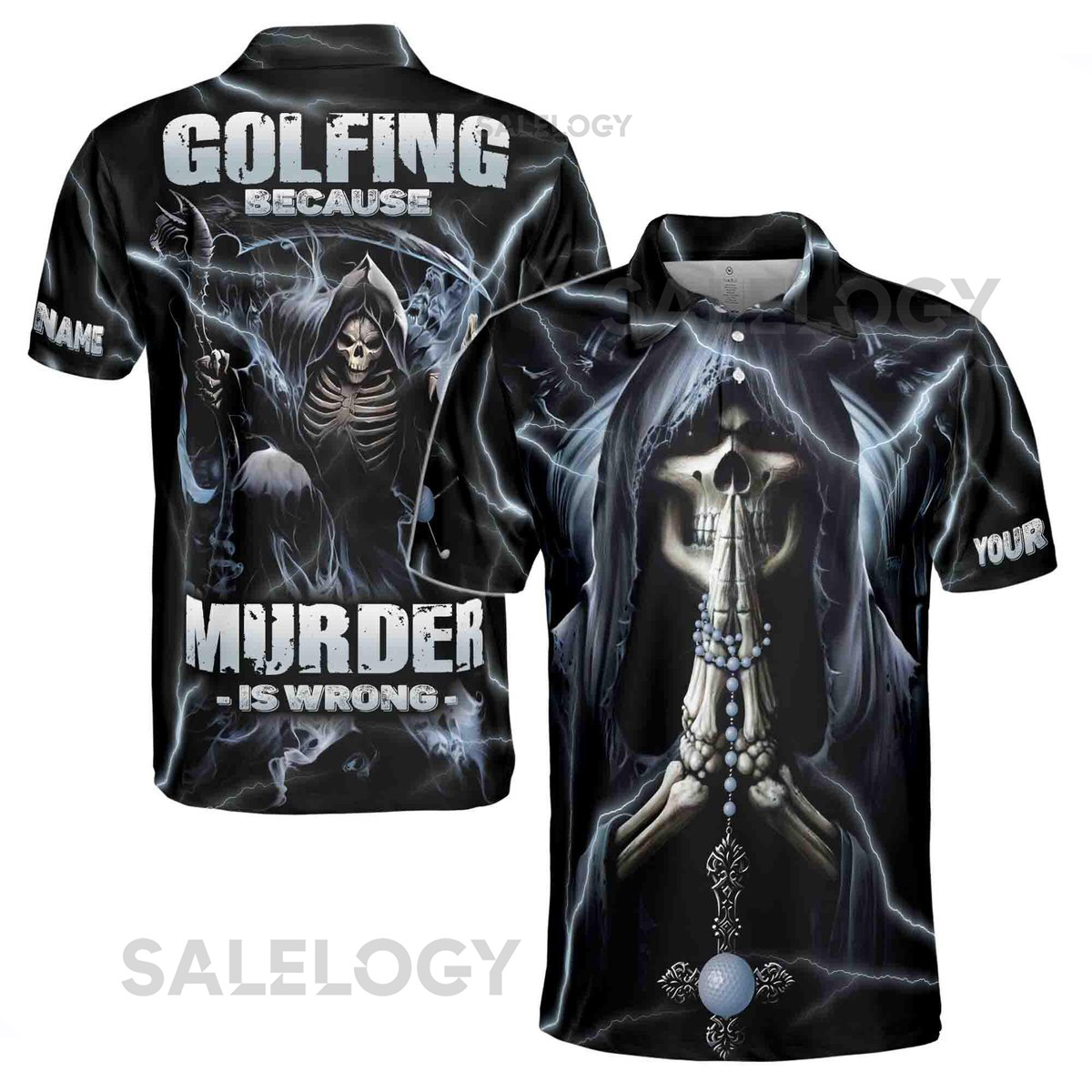 Custom Name Skeleton Golfing Because Murder Is Wrong Men39s Polo Shirt S-5XL_170