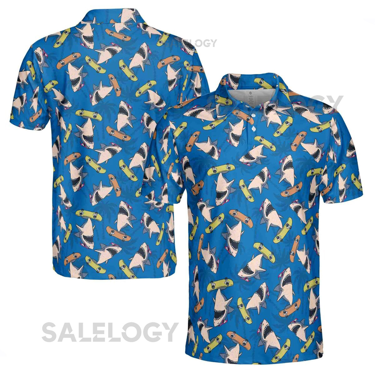 Funny Blue Shark Skateboard Player Tropical Beach Men's Polo Shirt S-5XL_491