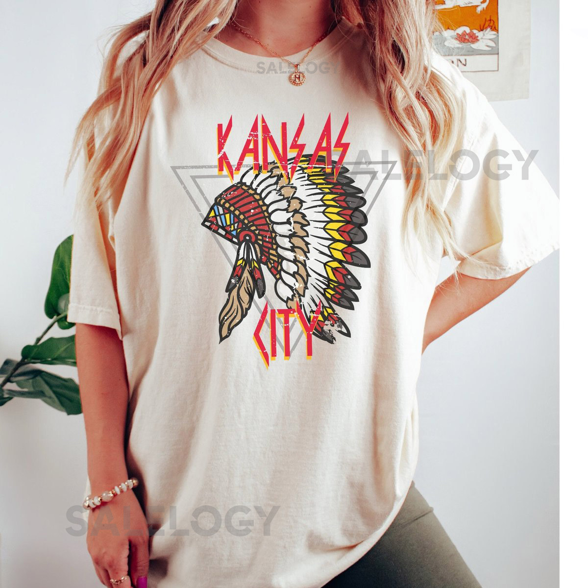 KC Chiefs Shirt Cozy KC Football Shirt with Distressed Headdress Print Kansas City Shirt Retro Design_475