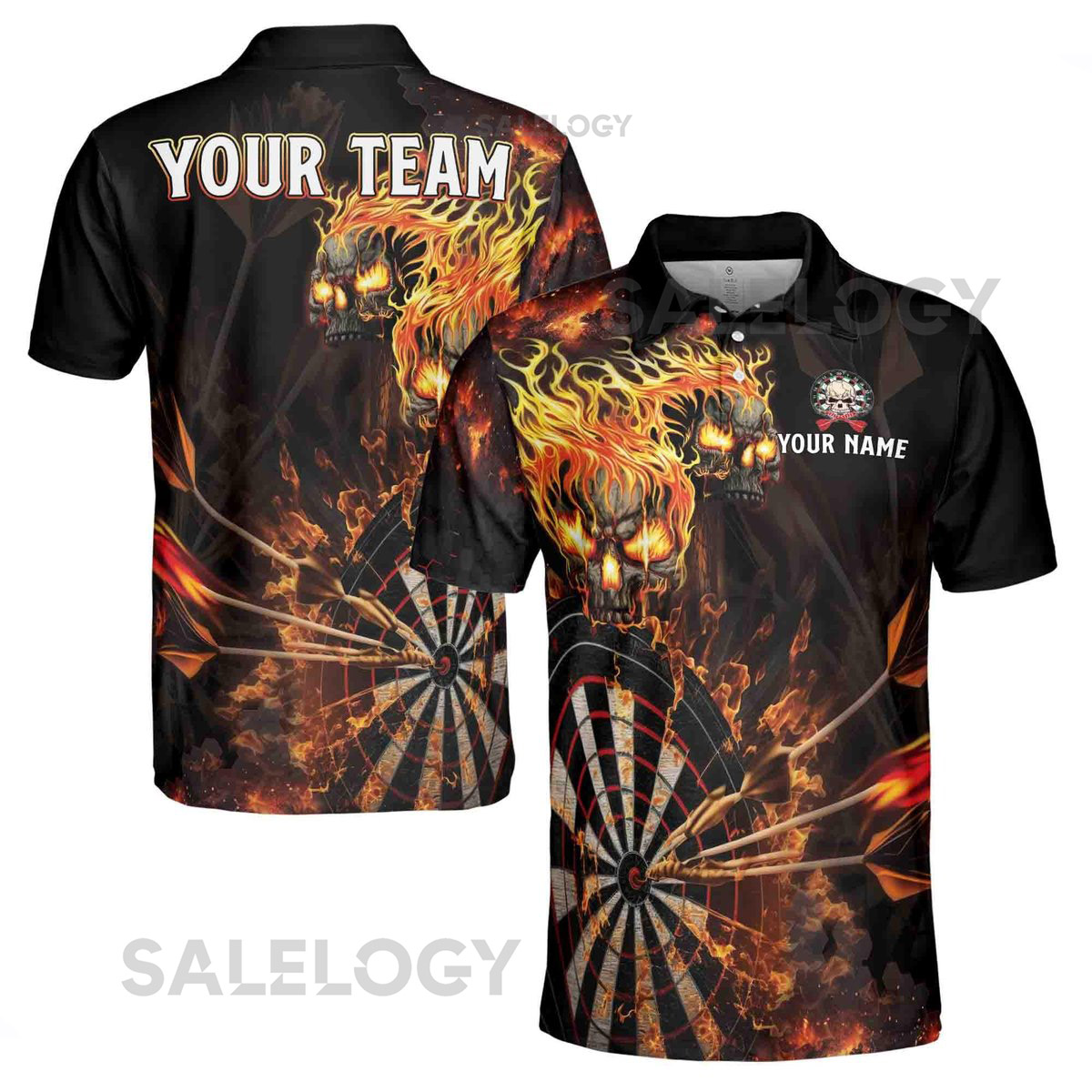 Custom Name Darts Skull Flame Darts Team Men39s Polo Shirt S-5XL_75