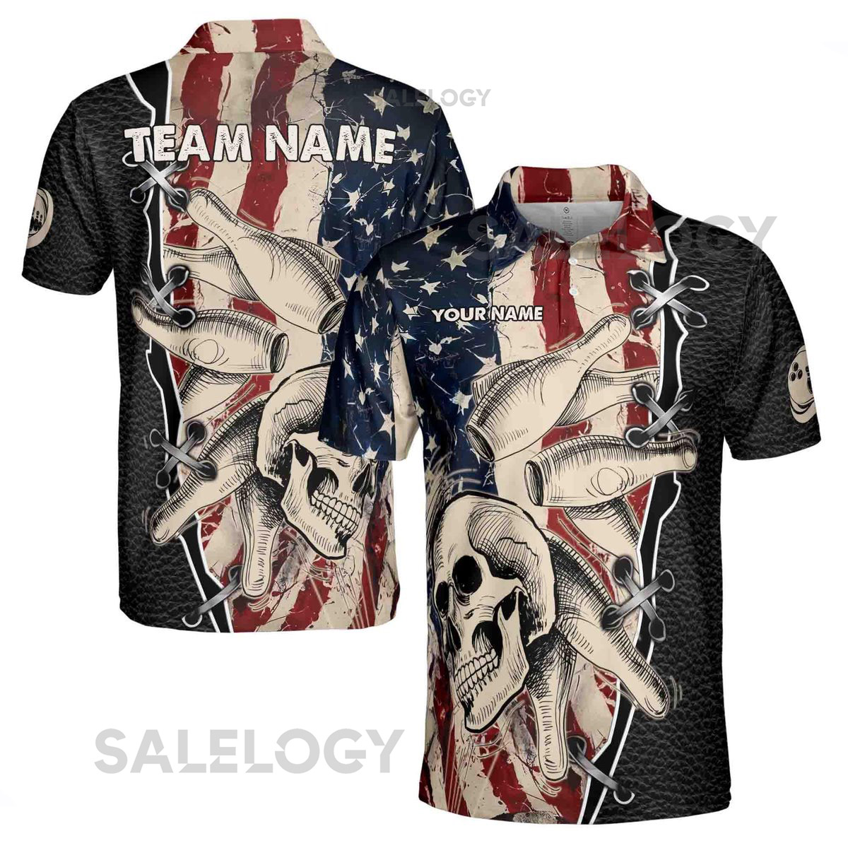 Customize Name Team Name Retro Skul American Flag Bowling Men39s Polo Shirt S-5XL_368